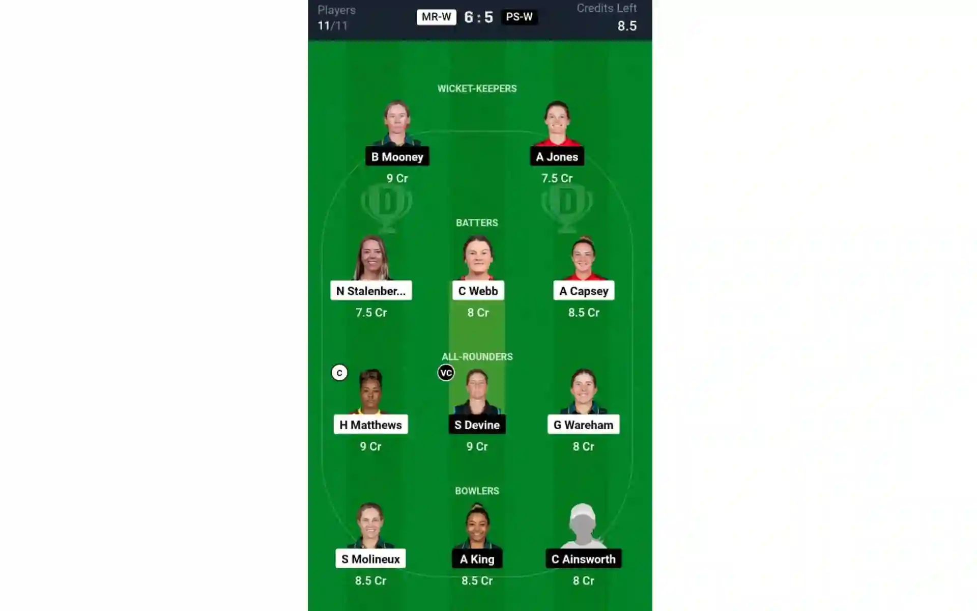 MR-W vs PS-W, WBBL 10: Dream11 Team 1 [Source: @Dream11 App]