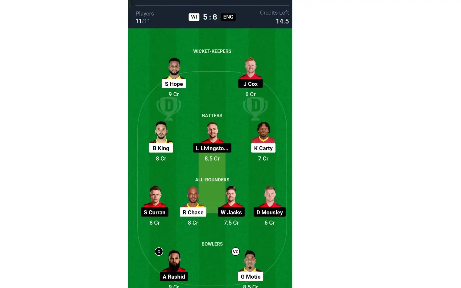 WI vs ENG, 2nd ODI: Dream11 Team 1 [Source: @Dream11 App]