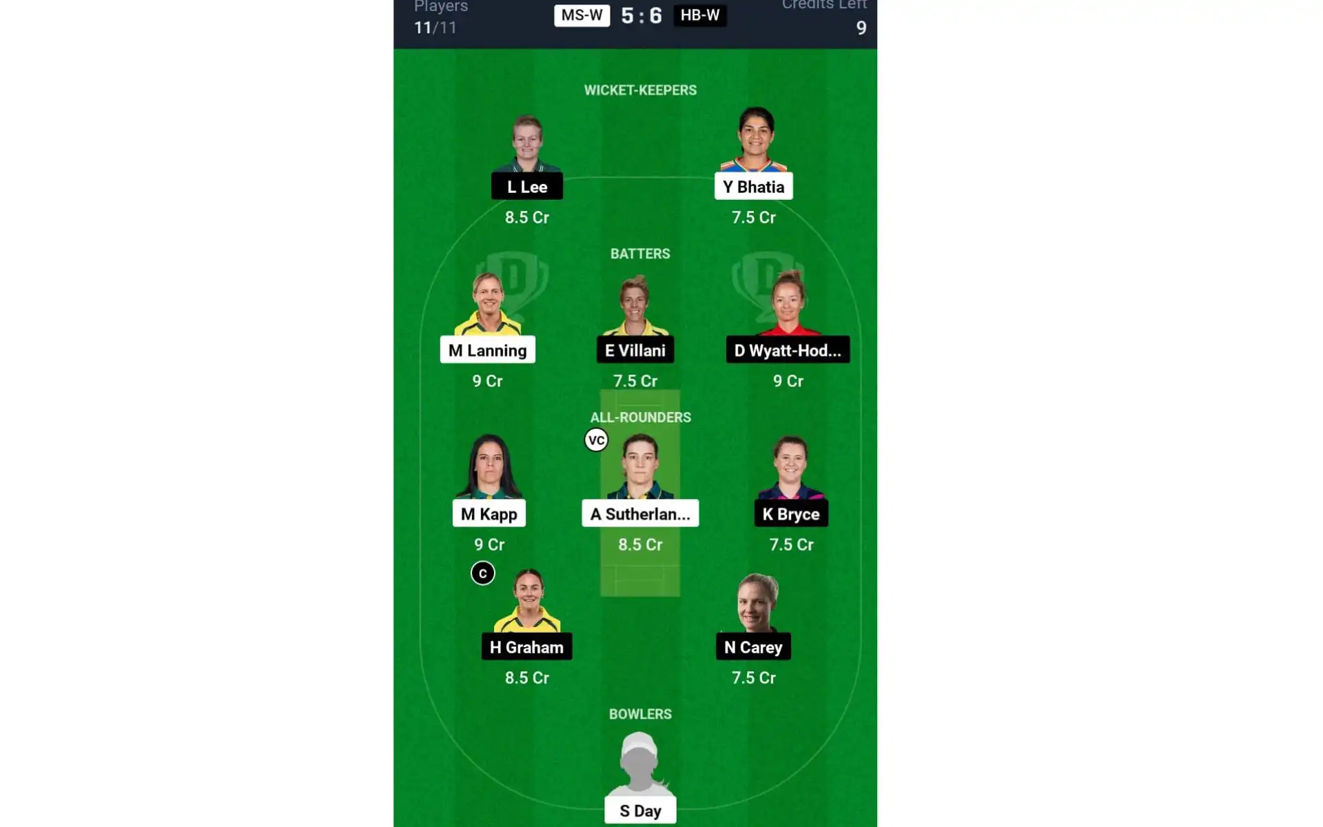 MS-W vs HS-W, WBBL 10: Dream11 Team 1 [Source: @Dream11 App]