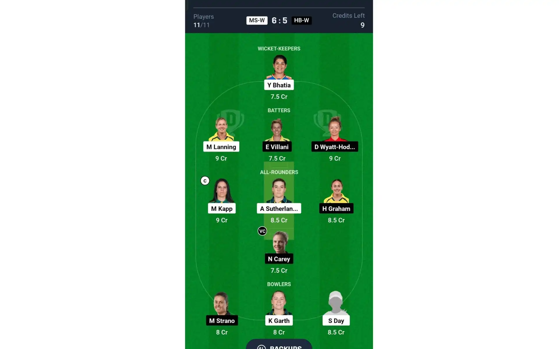 MS-W vs HS-W, WBBL 10: Dream11 Team 2 [Source: @Dream11 App]