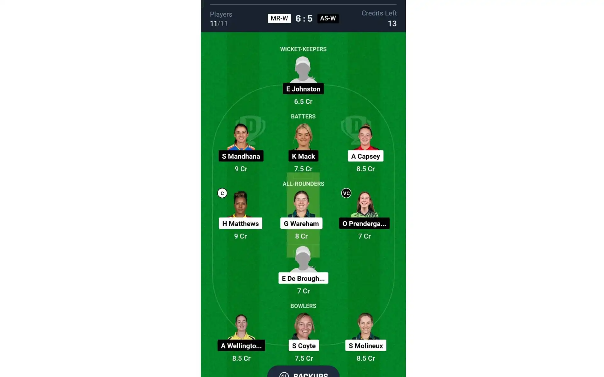 MR-W vs AS-W, WBBL 10: Dream11 Team 1 [Source: @Dream11 App]