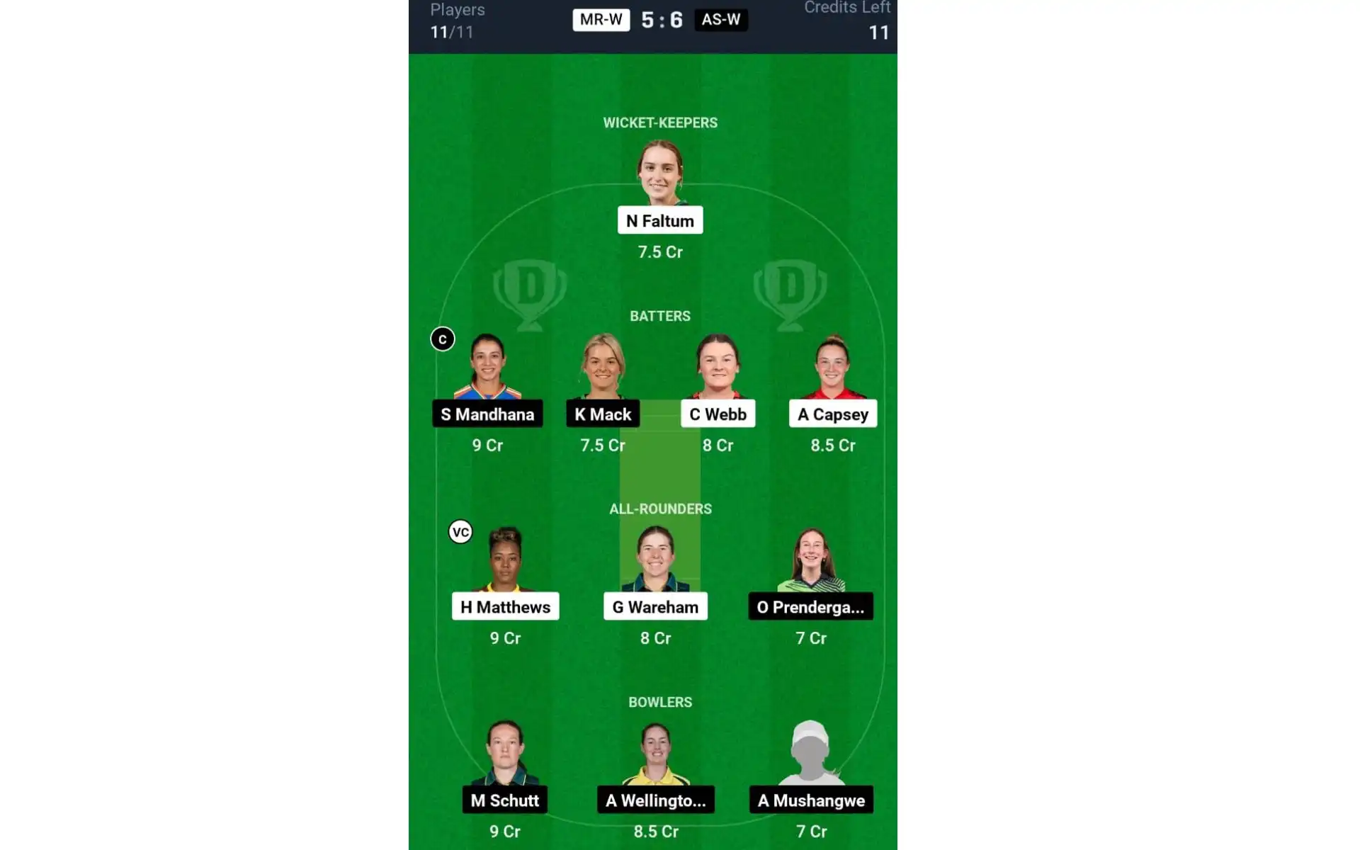 MR-W vs AS-W, WBBL 10: Dream11 Team 1 [Source: @Dream11 App]