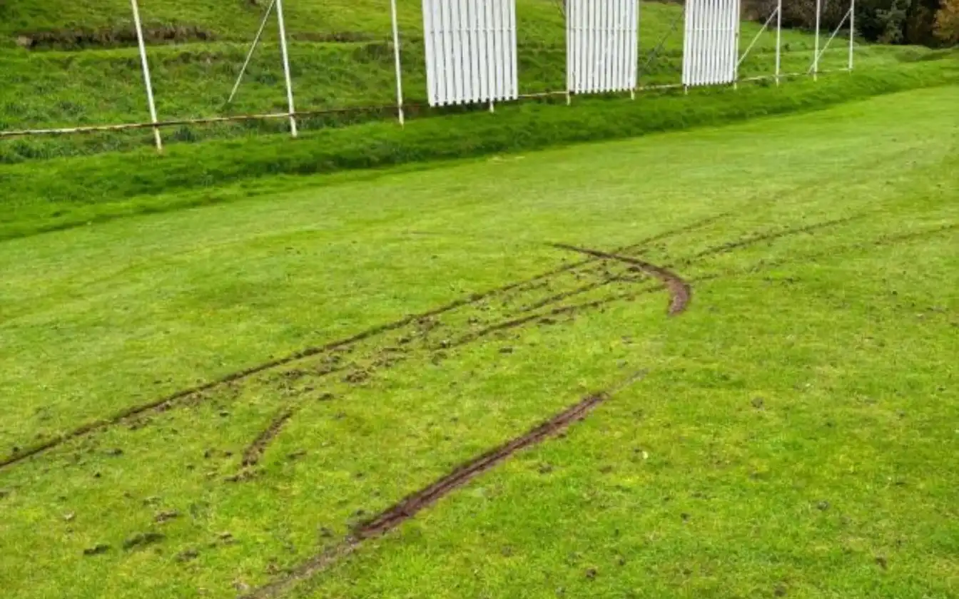 Bill Quay cricket club's outfield destroyed by bikers [Source: Connah's Quay CC]