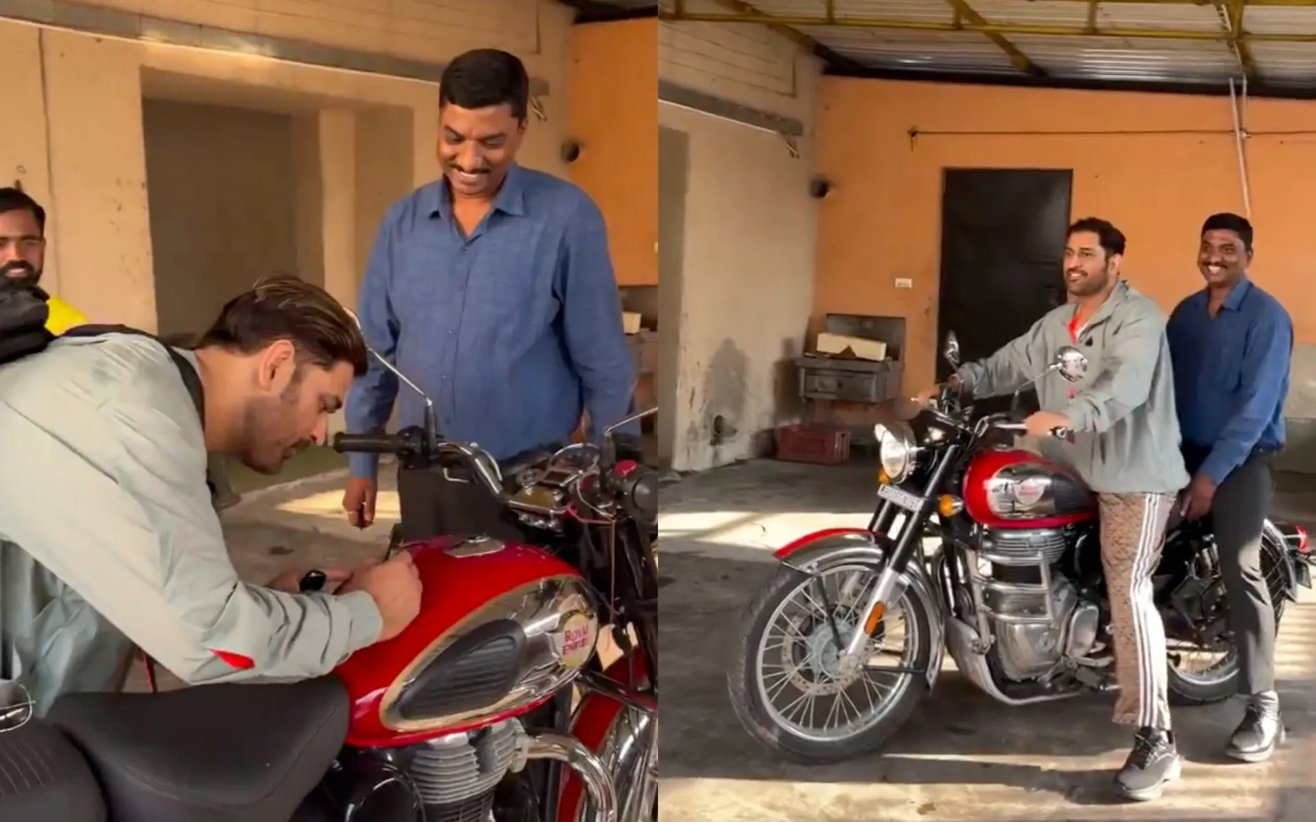 MS Dhoni takes a fan's Royal Enfield for a spin [Source: @CricCrazyJohns/X.com]