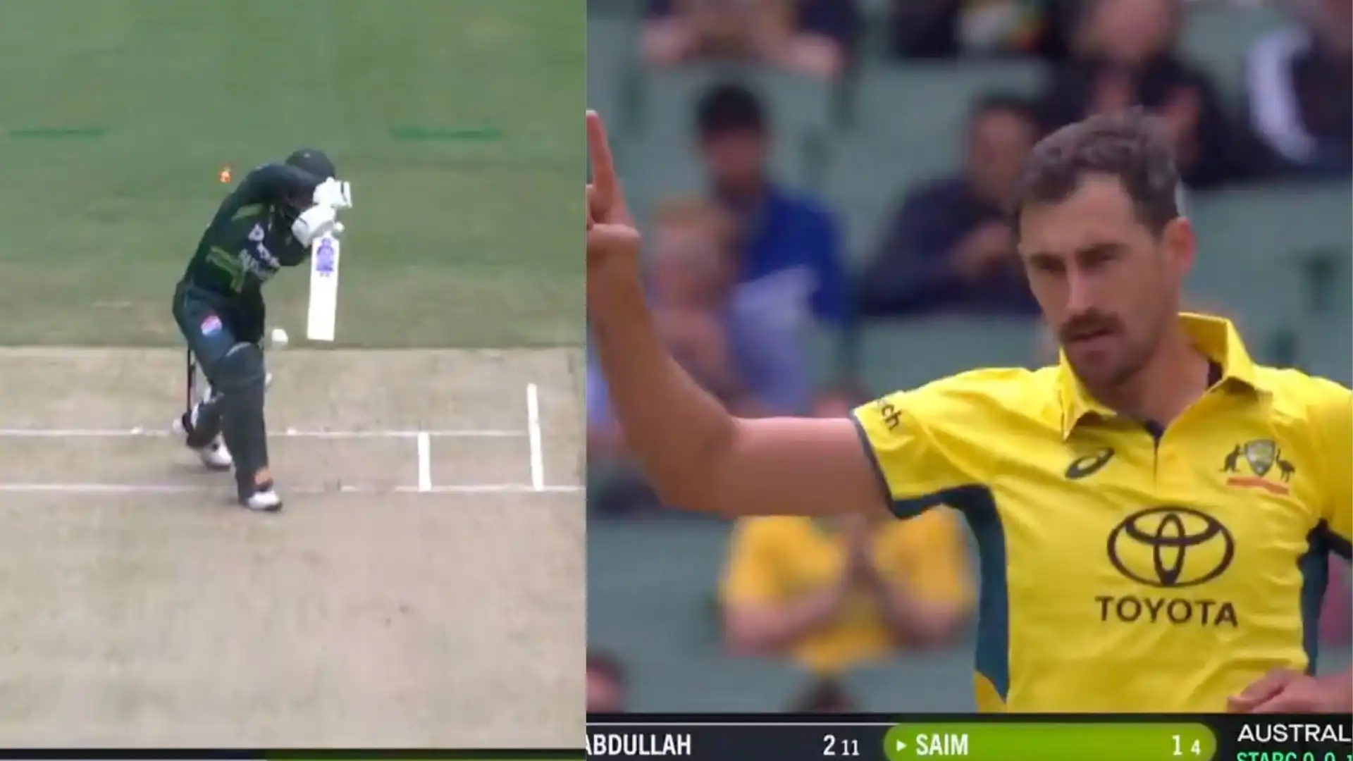 Saim Ayub was castled by Mitchell Starc for 1 [Source: @cricketcomau/X]