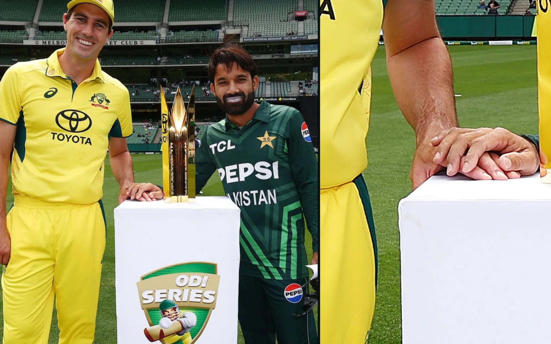 Rizwan and Cummins during a photoshoot (Source: @mufaddal_vohra/X.com)
