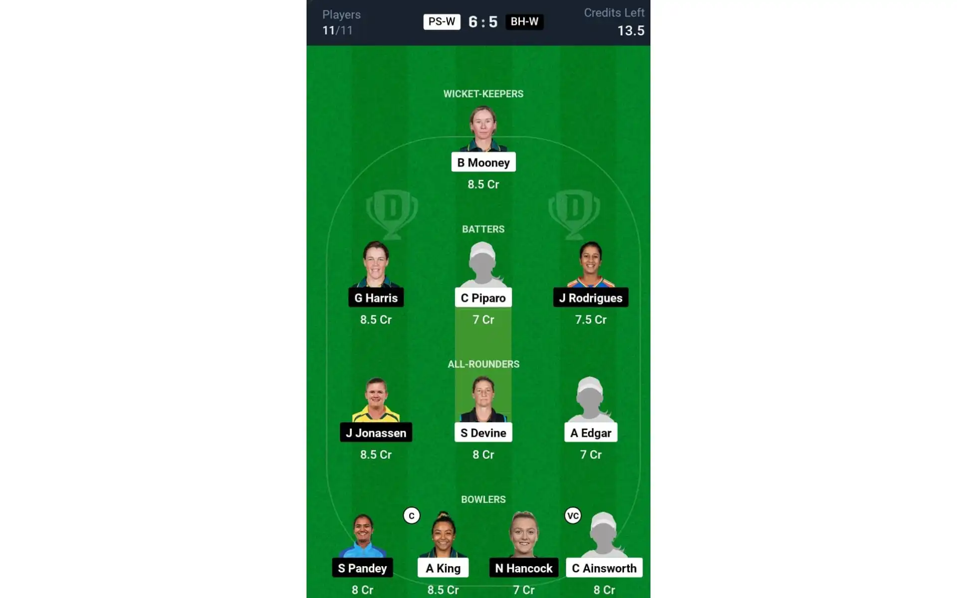 PS-W vs BH-W, WBBL 2024: Dream11 Team 2 [Source: Dream11 App]