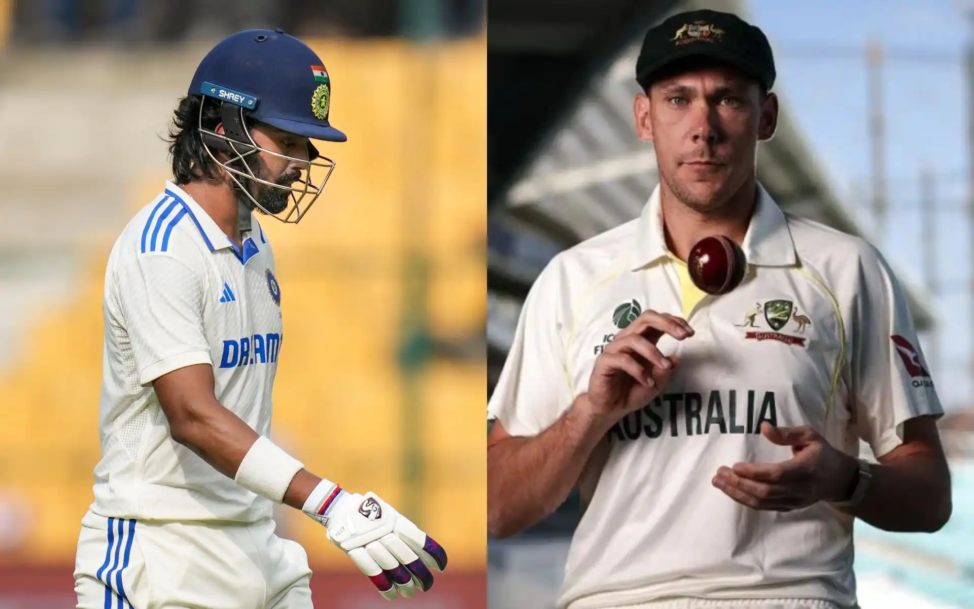 Scott Boland on KL Rahul [Source: PTI and@mufaddal_vohra/X.com]