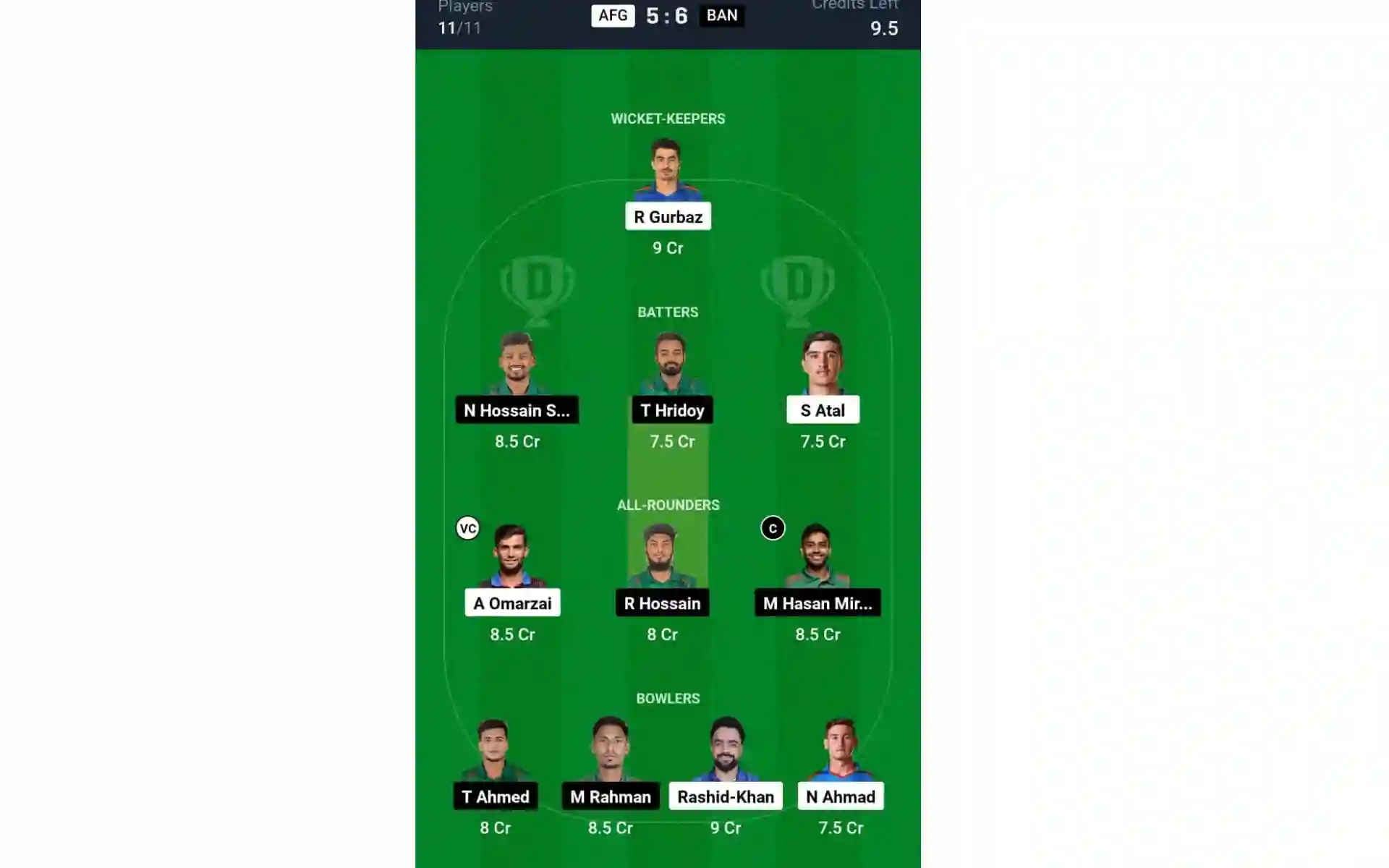 AFG vs BAN, ODI Series: Dream11 Team 1 [Source: @Dream11 App]