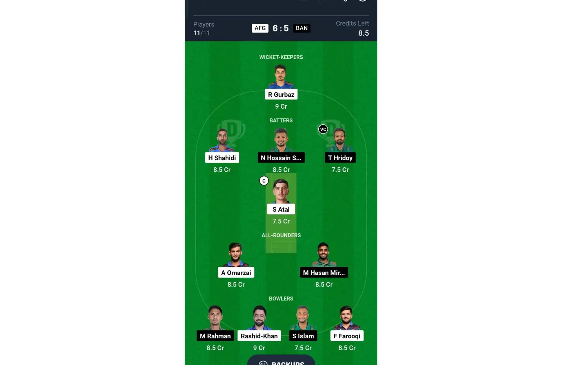 AFG vs BAN, ODI Series: Dream11 Team 1 [Source: @Dream11 App]