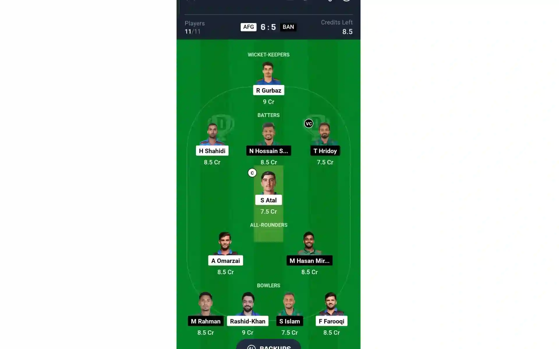 AFG vs BAN, ODI Series: Dream11 Team 1 [Source: @Dream11 App]