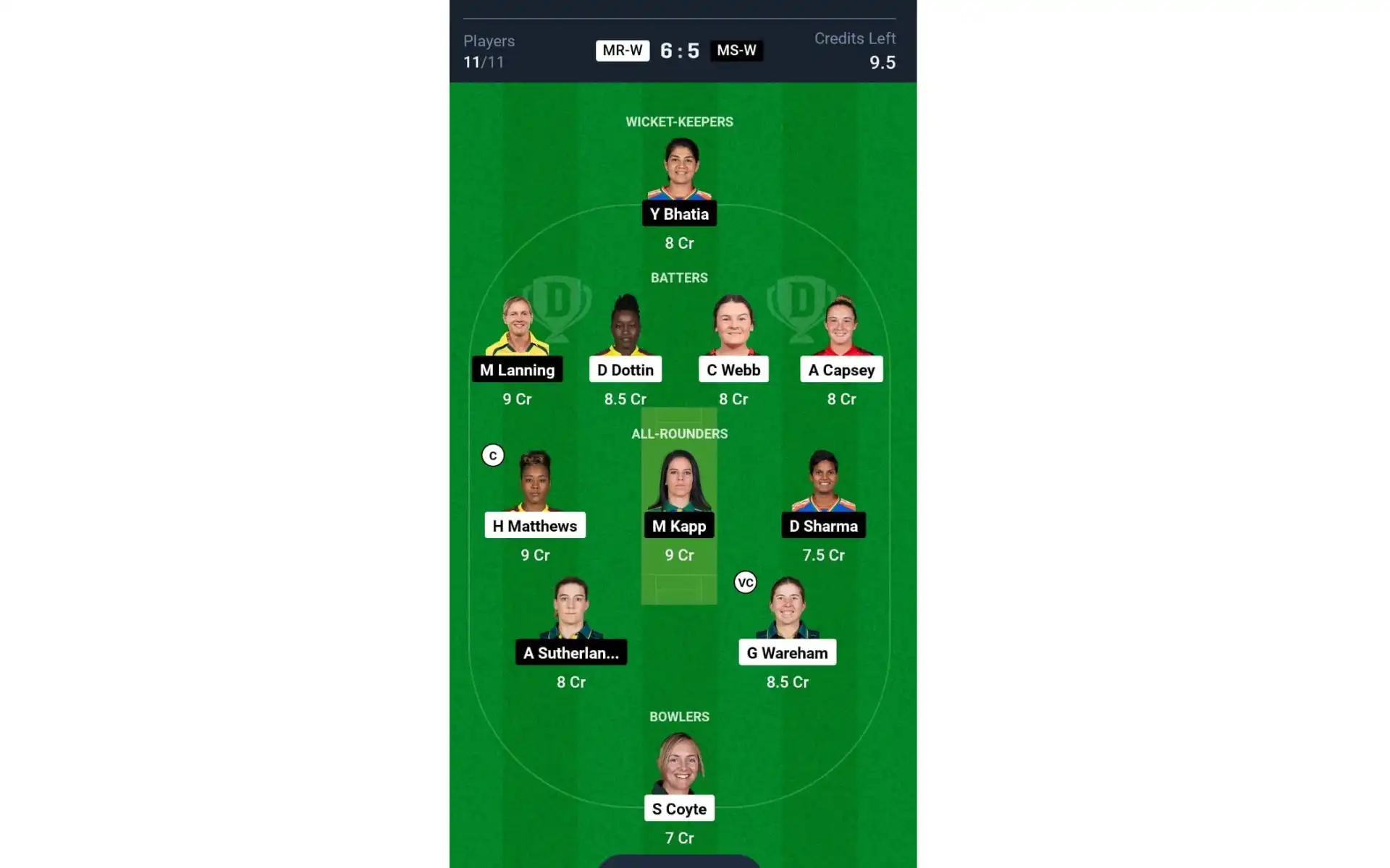 MR-W vs MS-W, WBBL 10: Dream11 Team 1 [Source: @Dream11 App]