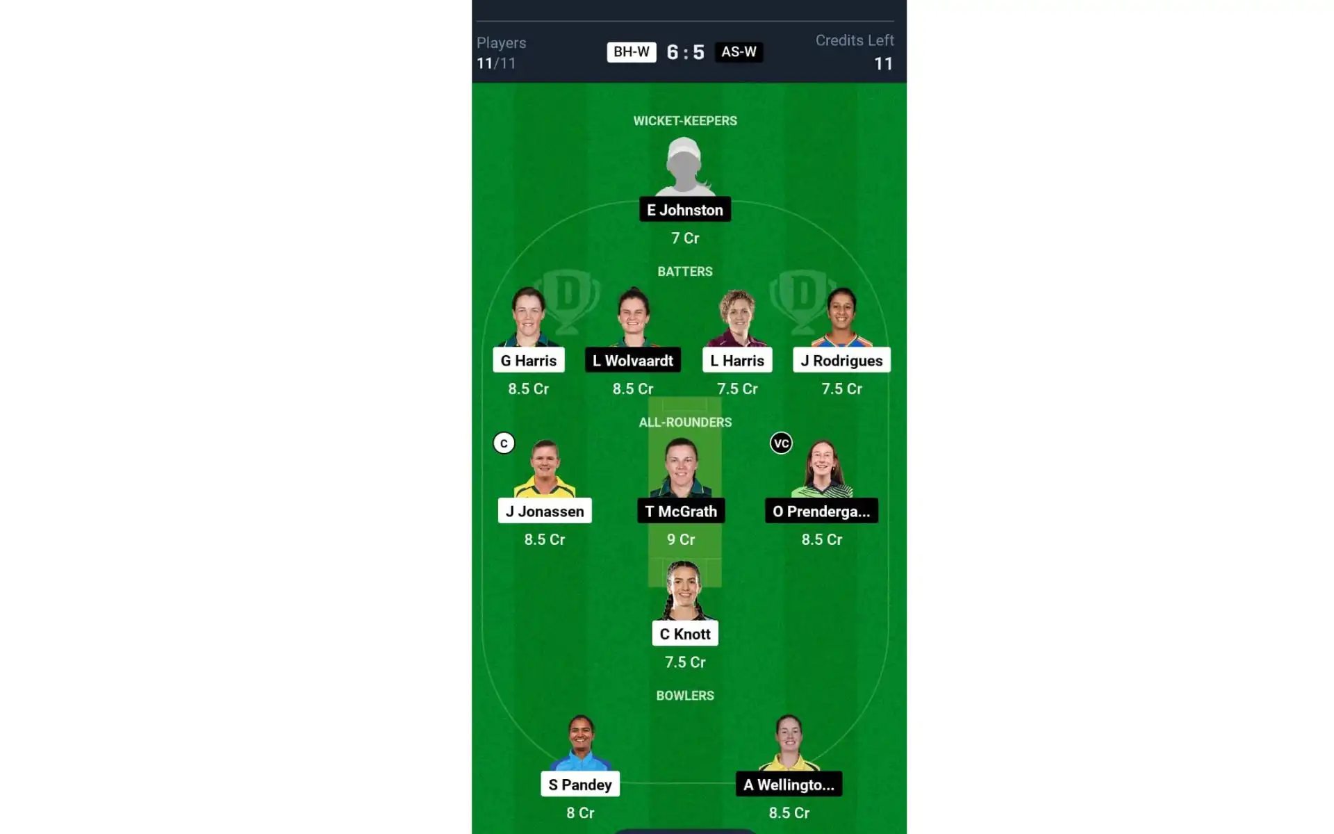 BH-W vs AS-W, WBBL 2024: Dream11 Team 1 [Source: @Dream11 App]