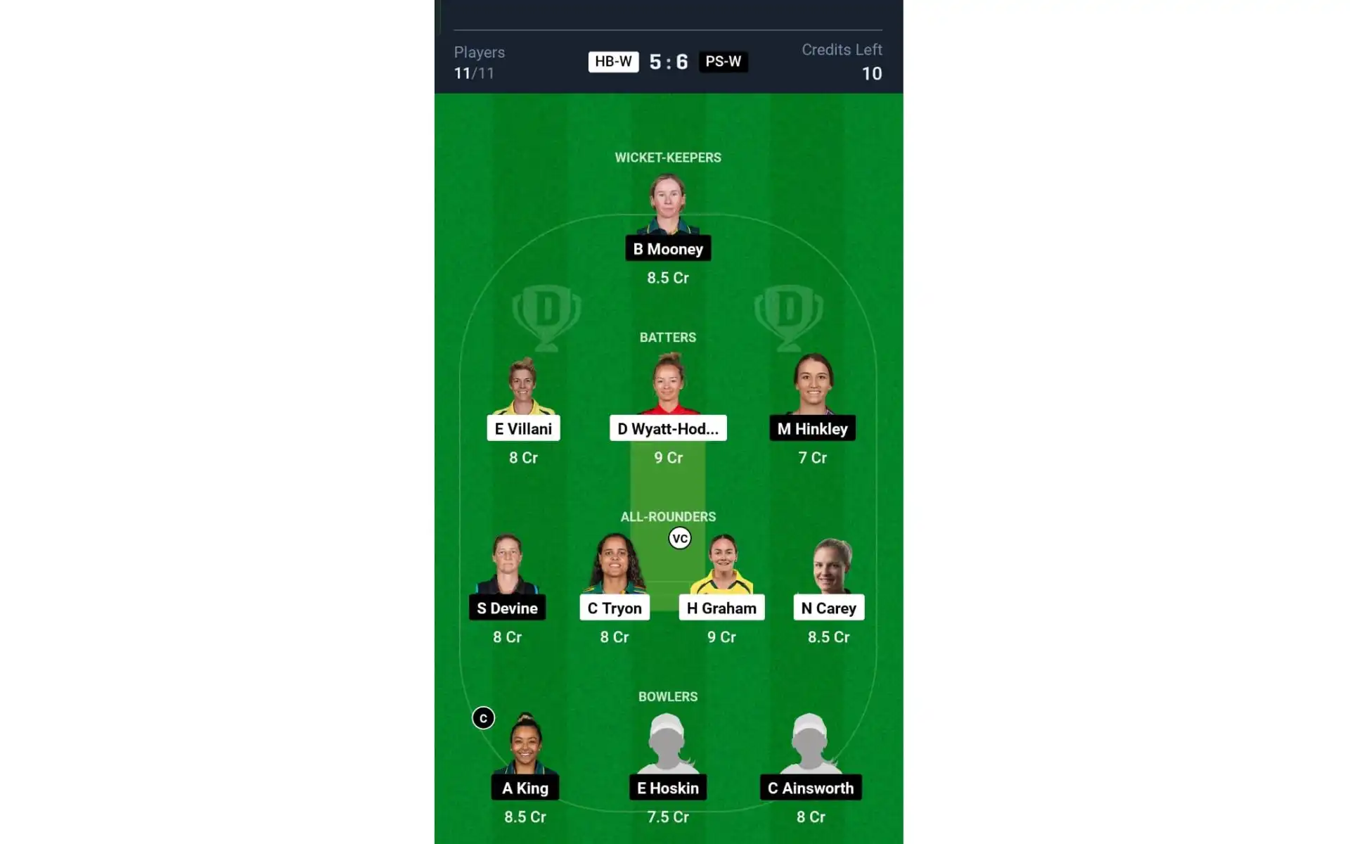 HB-W vs PS-W, WBBL 10: Dream11 Team 1 [Source: @Dream11 App]