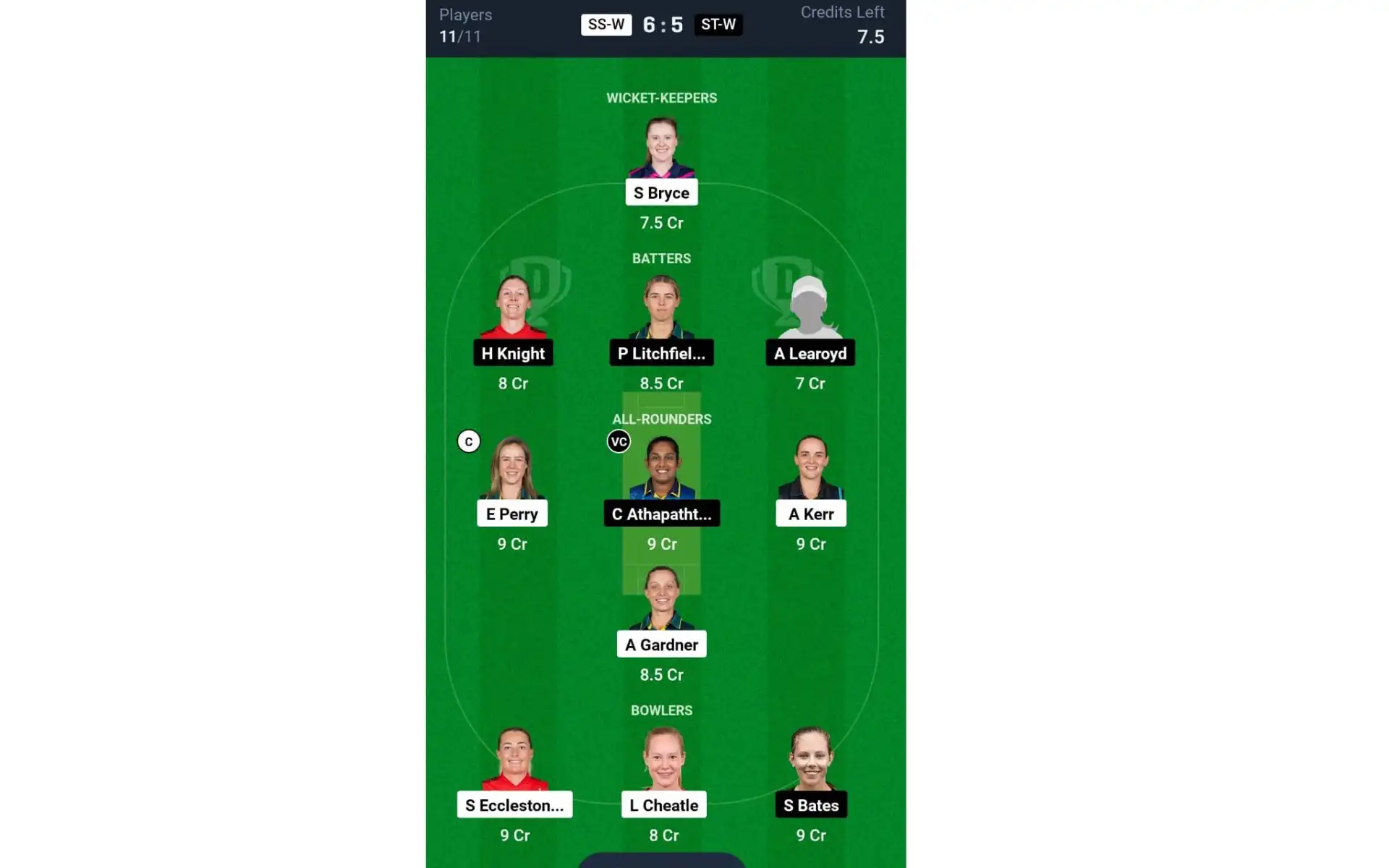 SS vs ST, WBBL 10: Dream11 Team 1 [Source: @Dream11 App]