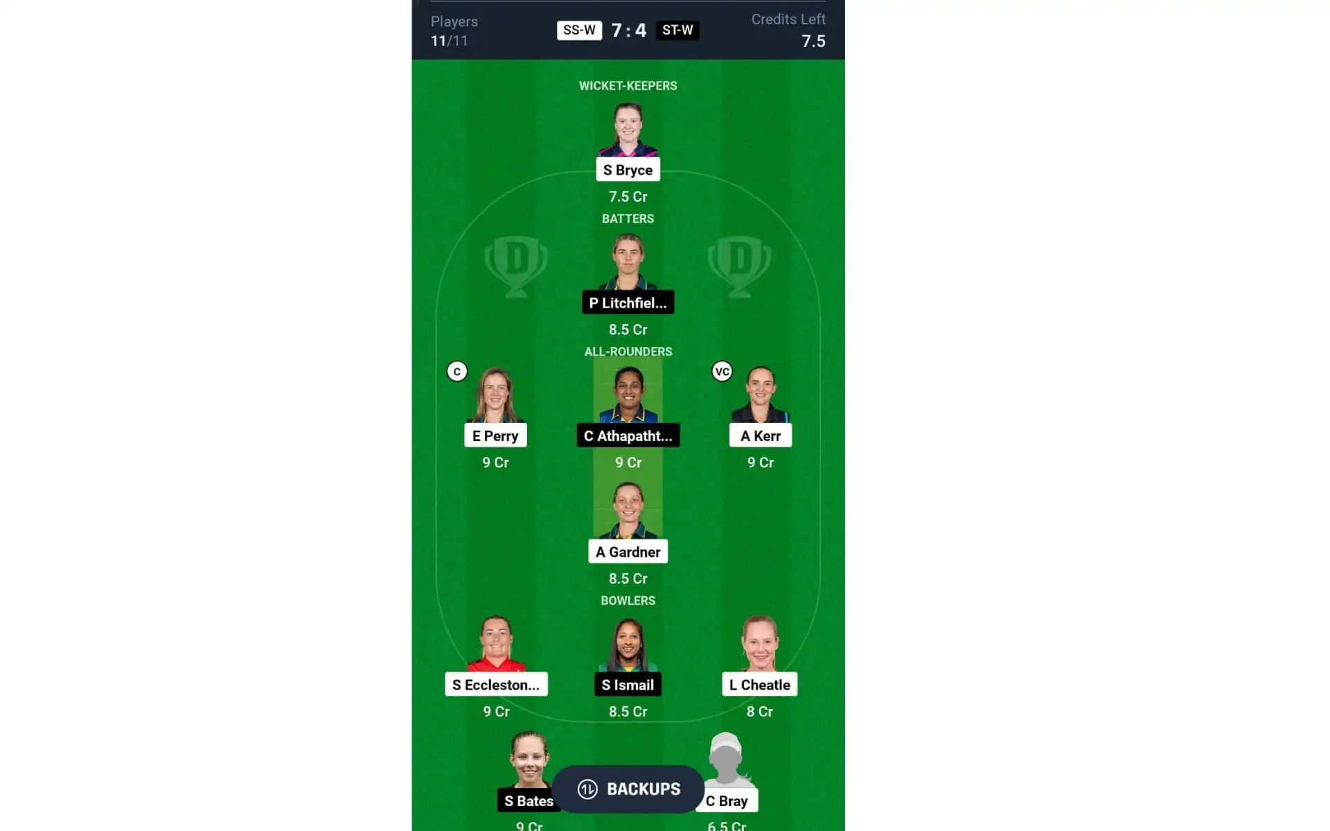 SS vs ST, WBBL 10: Dream11 Team 2 [Source: @Dream11 App]