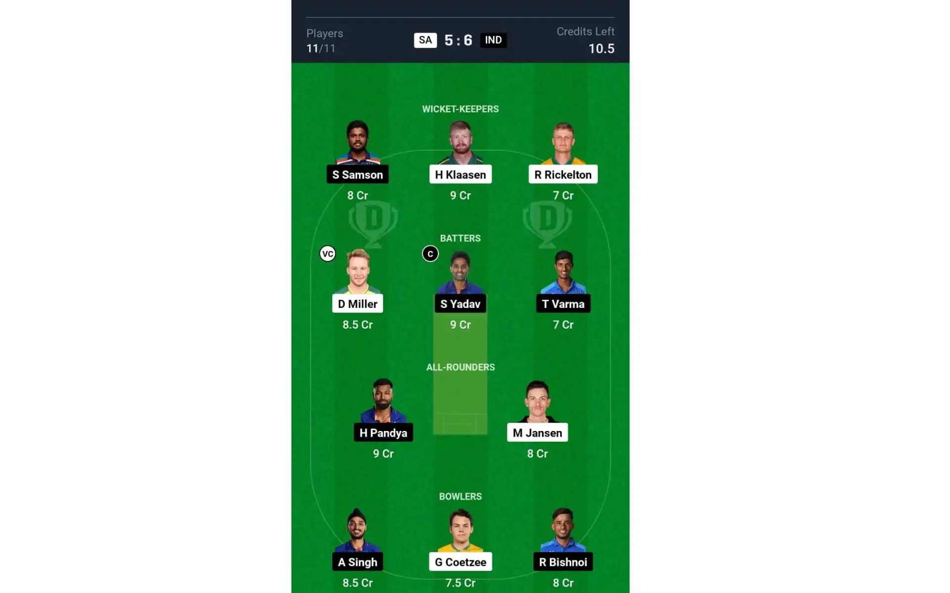 SA vs IND, 2nd T20I: Dream11 Team 1 [Source: @Dream11 App]