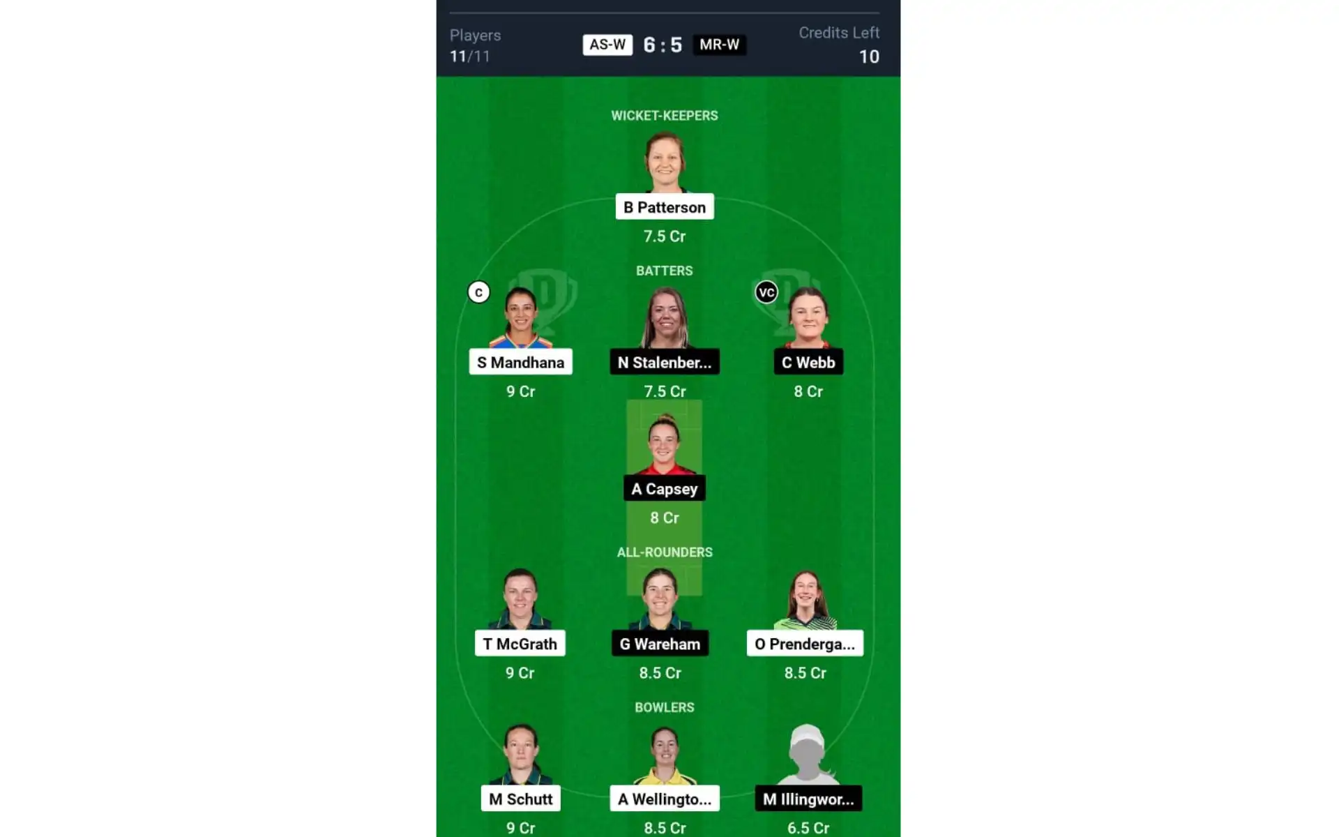 AS-W vs MR-W, WBBL 2024: Dream 11 Team 2 [Source:@Dream11 App]