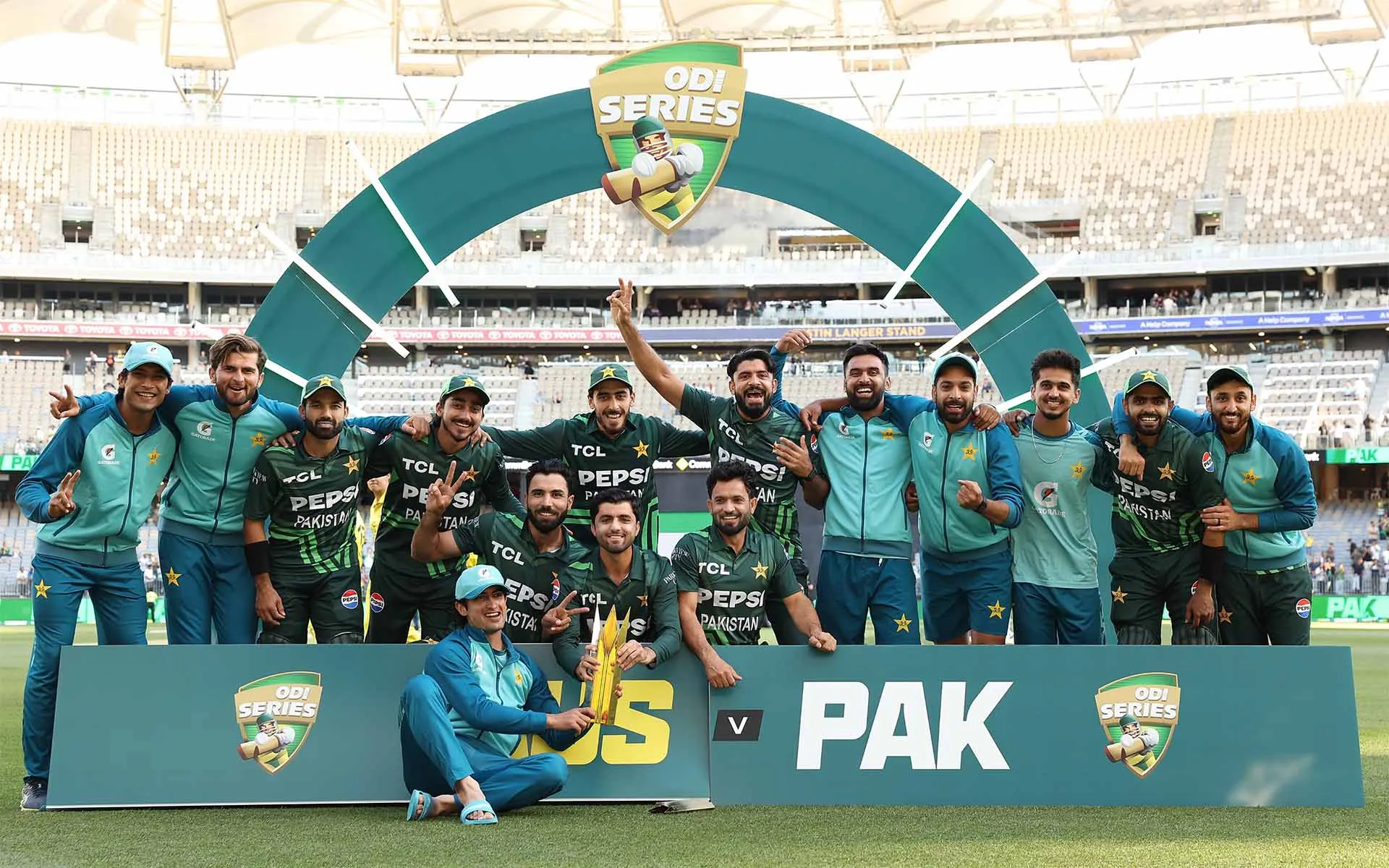 Pakistan players with the 2024 ODI series trophy in Australia [Source: @TheRealPCB/x]