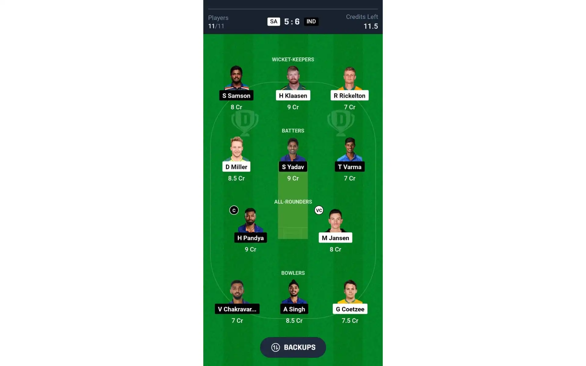 SA vs IND, T20I Series: Dream11 Team 1 [Source: @Dream11 App]