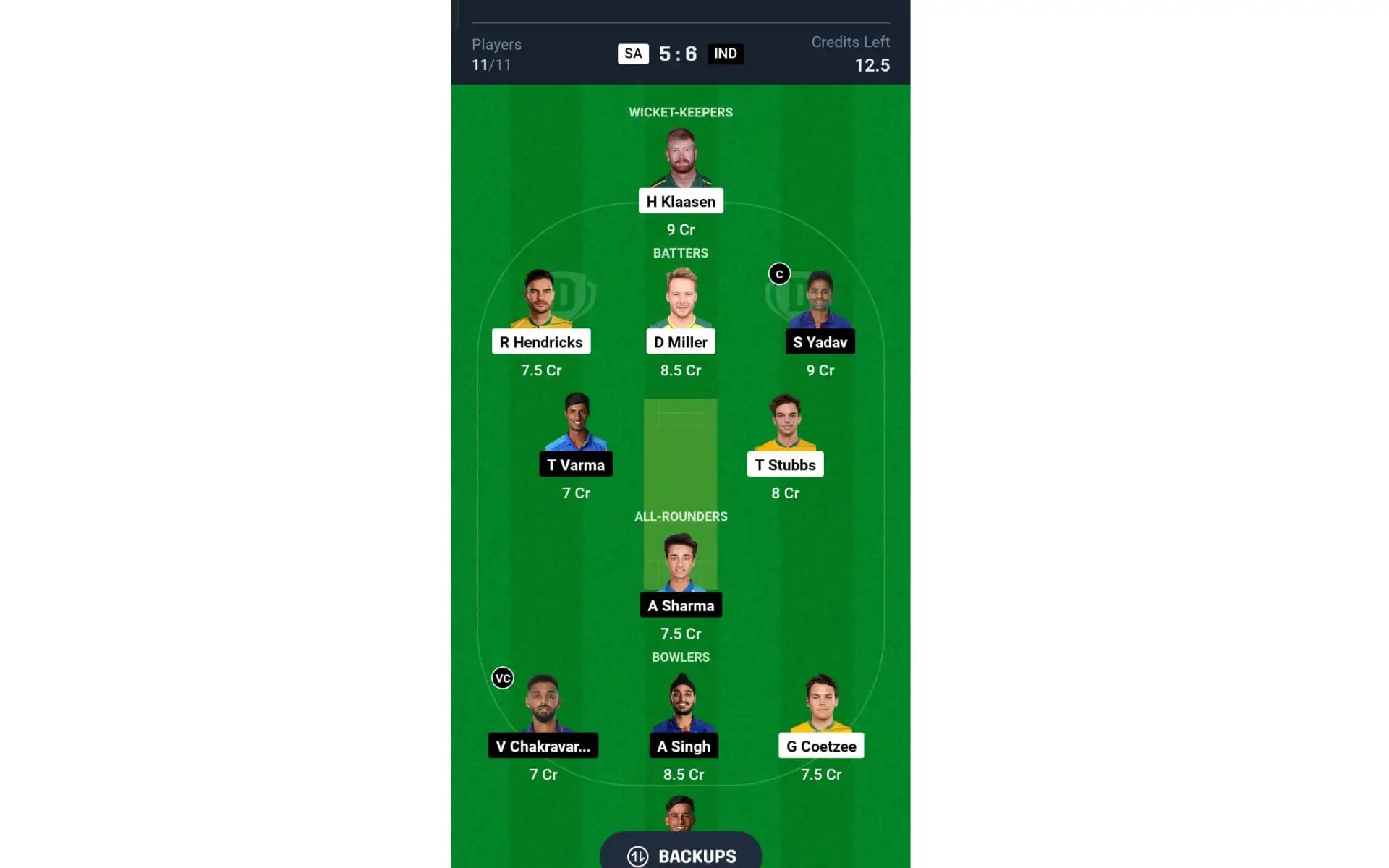 SA vs IND, T20I Series: Dream11 Team 1 [Source: @Dream11 App]