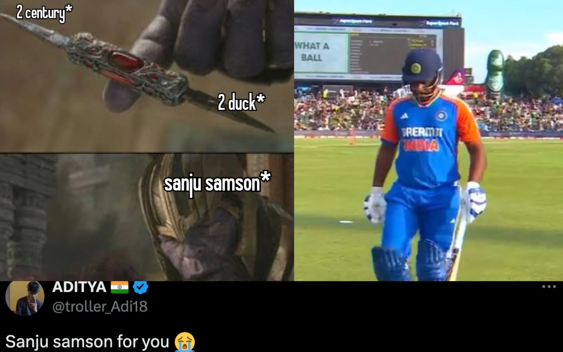 Sanju Samson faces heavy trolling after duck vs SA [Source: @troller_Adi18, @academy_dinda/X.com]