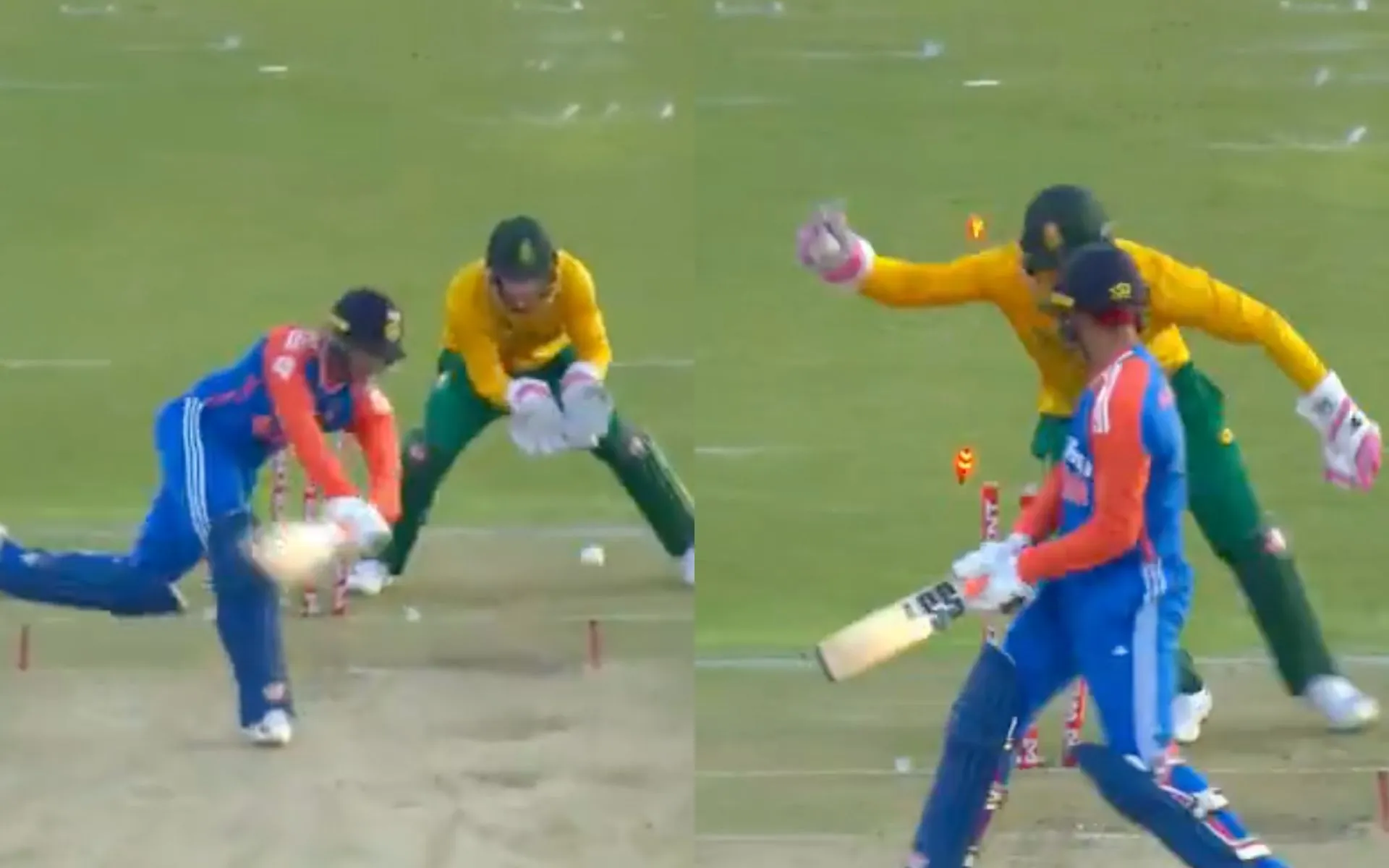 Abhishek Sharma was dismissed by Keshav Maharaj in the 3rd T20I of the Series [Source: Screen Grab from @viratgoback/x.com]
