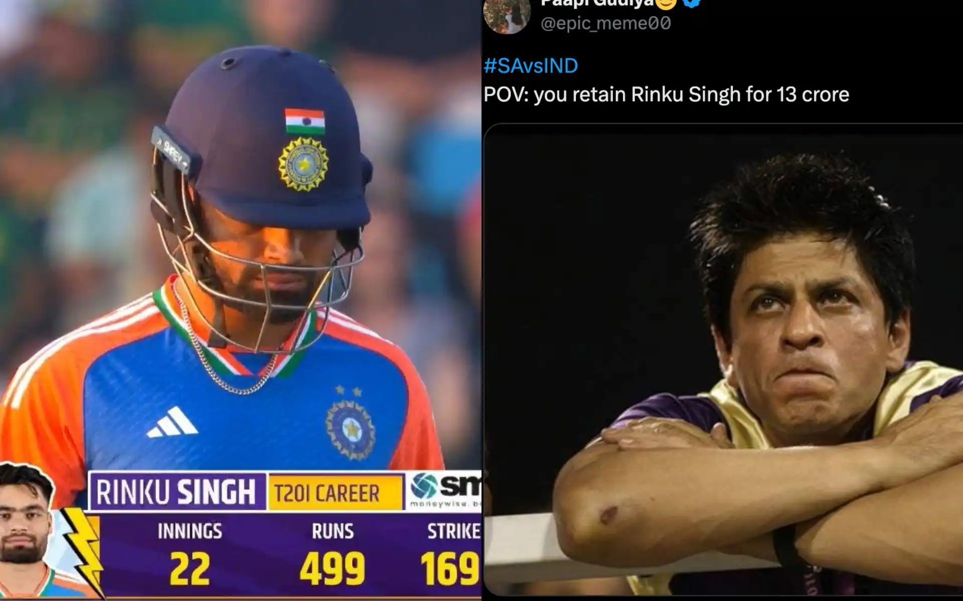 Fans troll Rinku Singh for getting out on 8 in 3rd T20I [Source: @Mufakfufa, @epic_meme00/X.com]