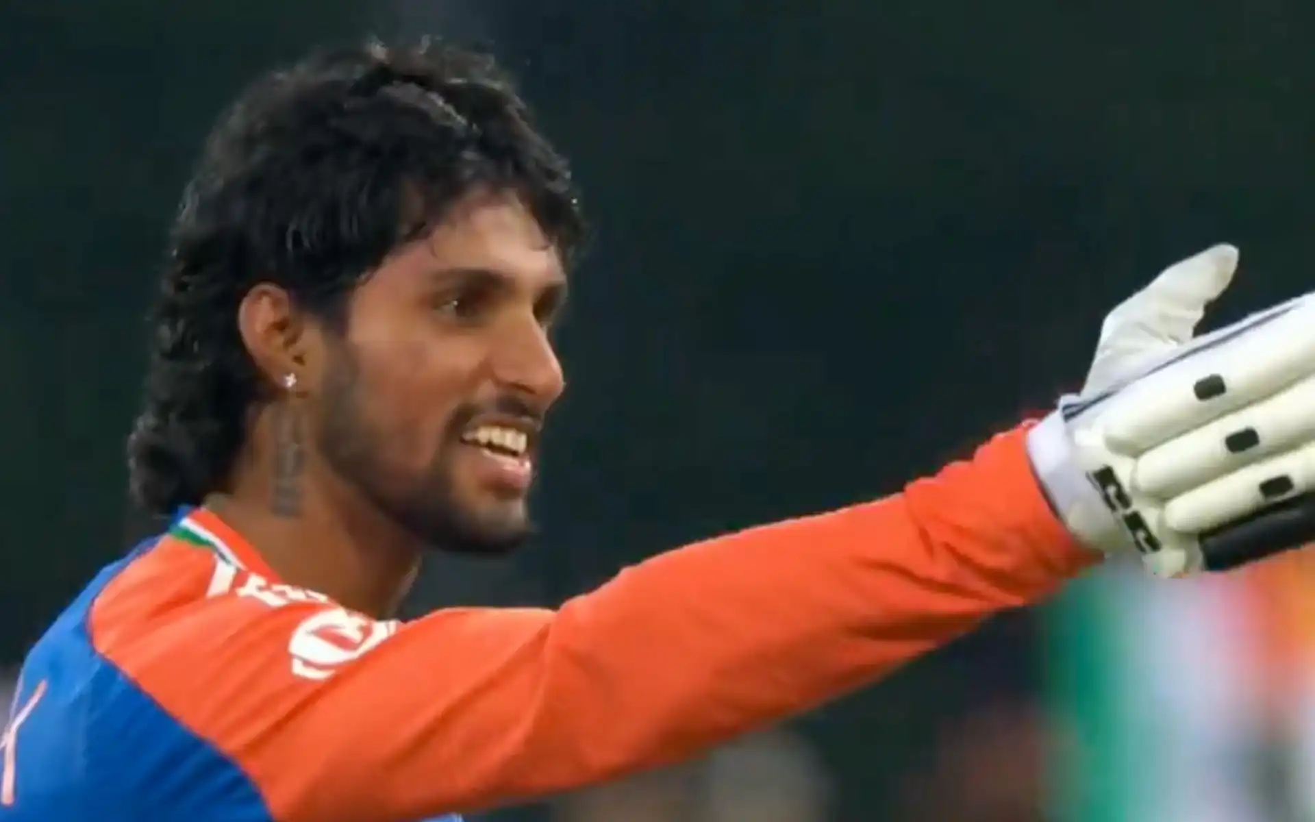 Tilak Varma raised his finger towards the dressing room after scoring his Hundred against SA [Source: Screengrab from @JioCinema/x.com]