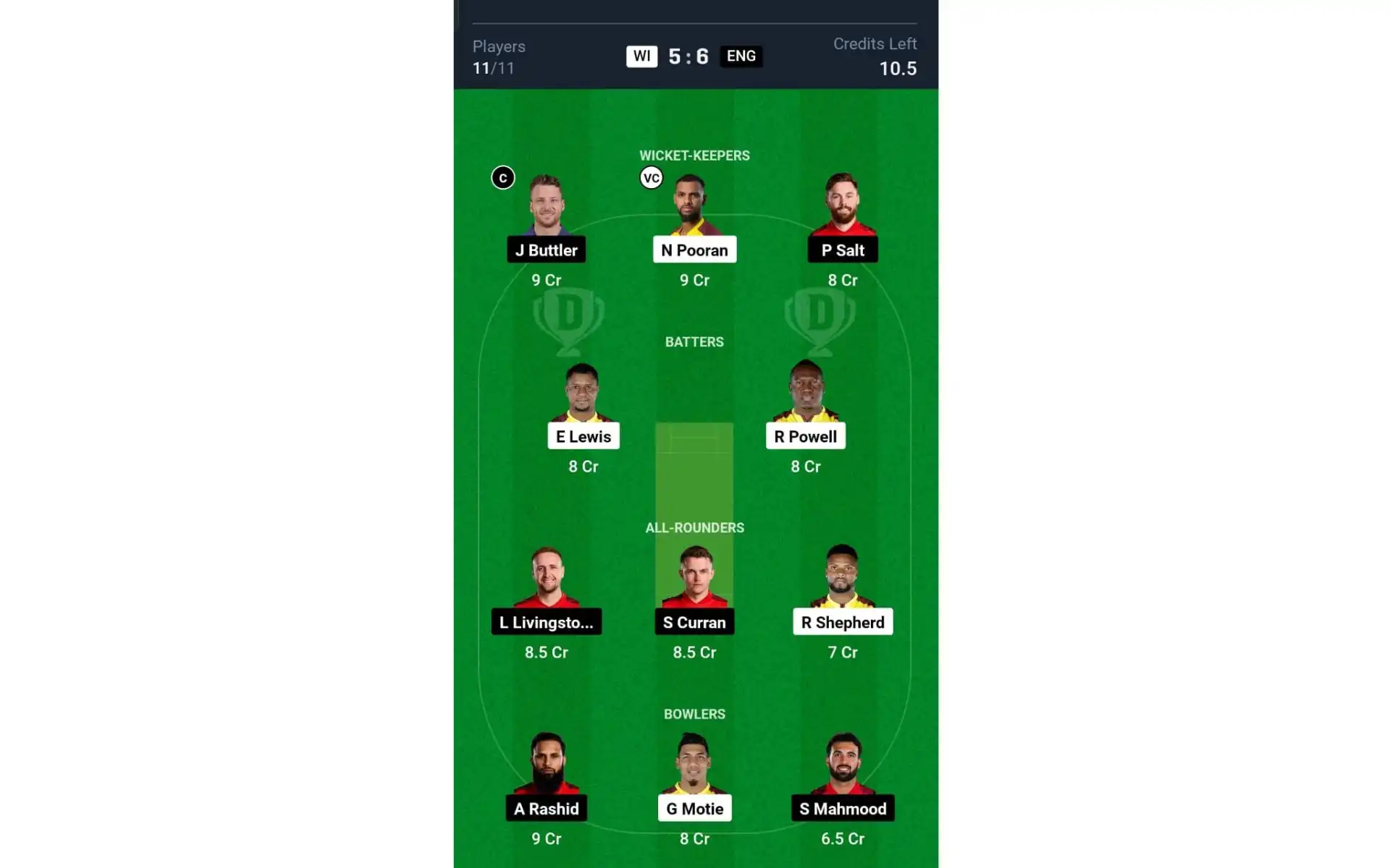 WI vs ENG, T20I series: Dream11 Team 1 [Source: @Dream11 App]