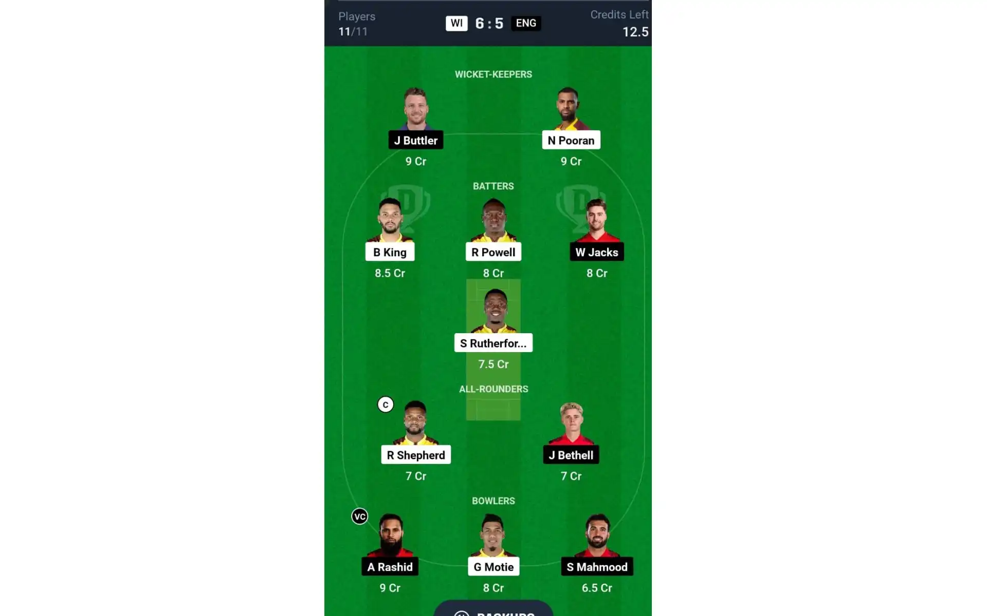 WI vs ENG, T20I series: Dream11 Team 1 [Source: @Dream11 App]