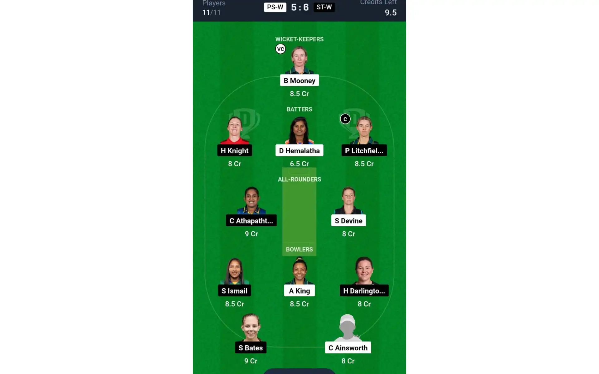 PS-W vs ST-W, WBBL 2024: Dream11 Team 1 [Source: @Dream11 App]