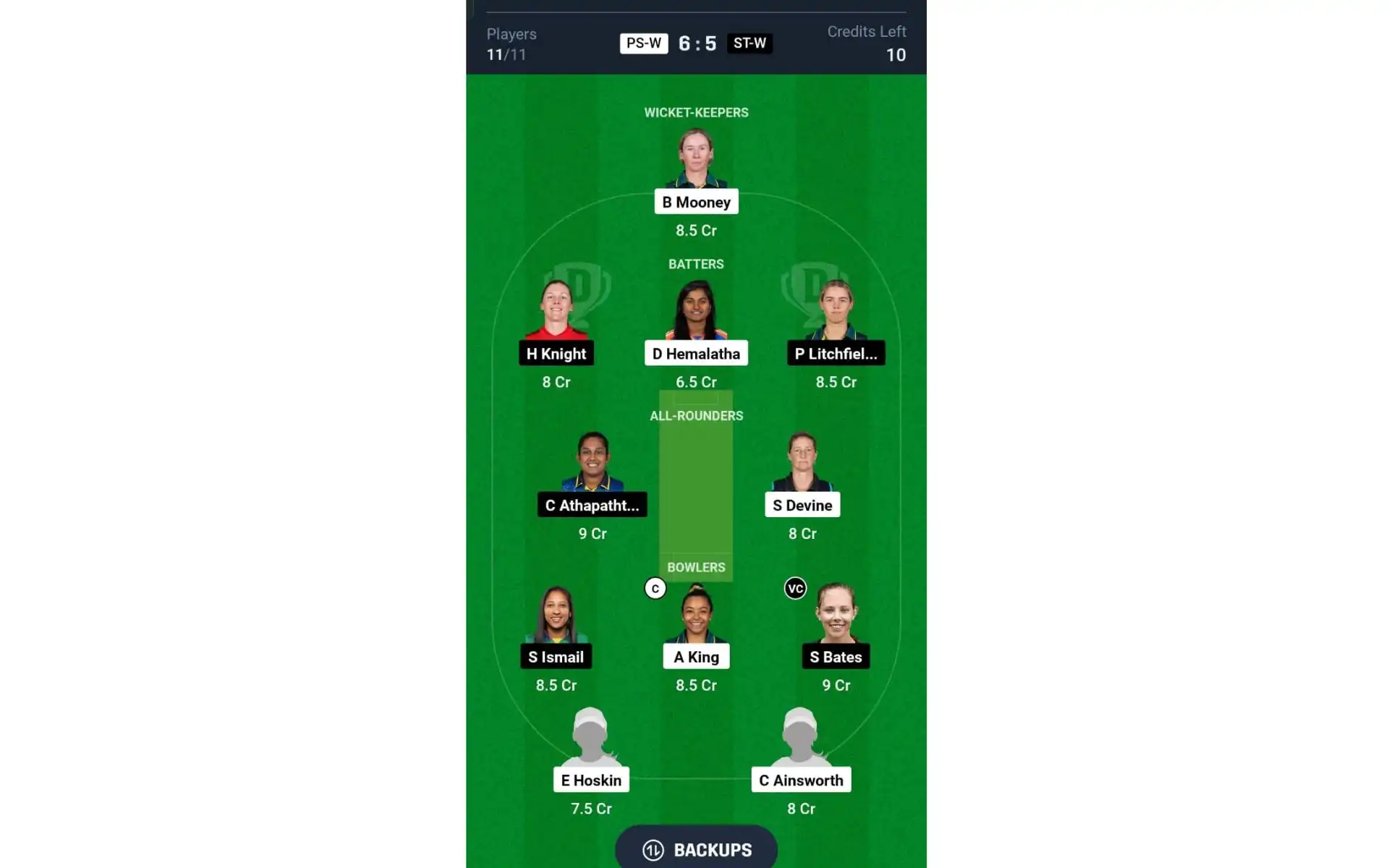 PS-W vs ST-W, WBBL 2024: Dream11 Team 2 [Source: @Dream11 App]