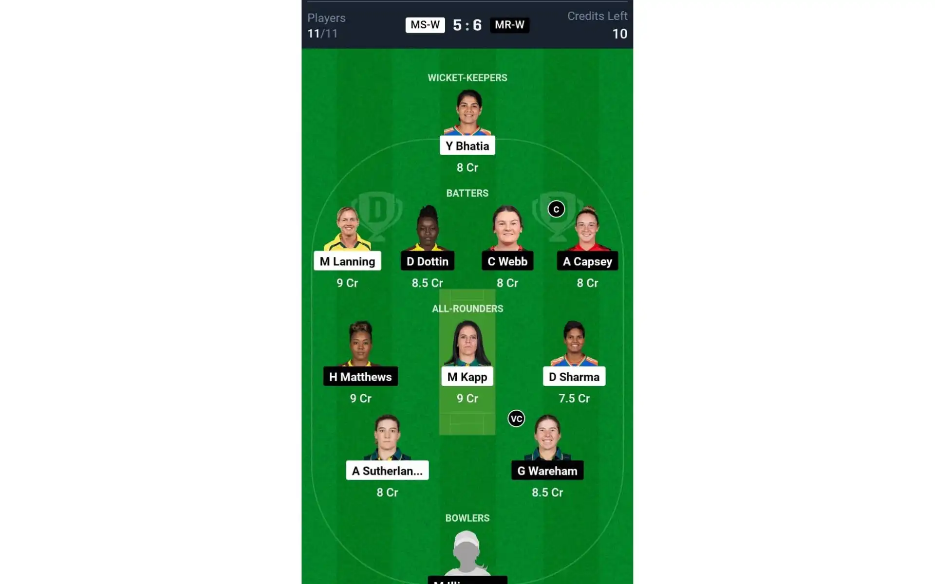 MR-W vs MS-W, WBBL 2024: Dream11 Team 1 [Source: @Dream11 App]