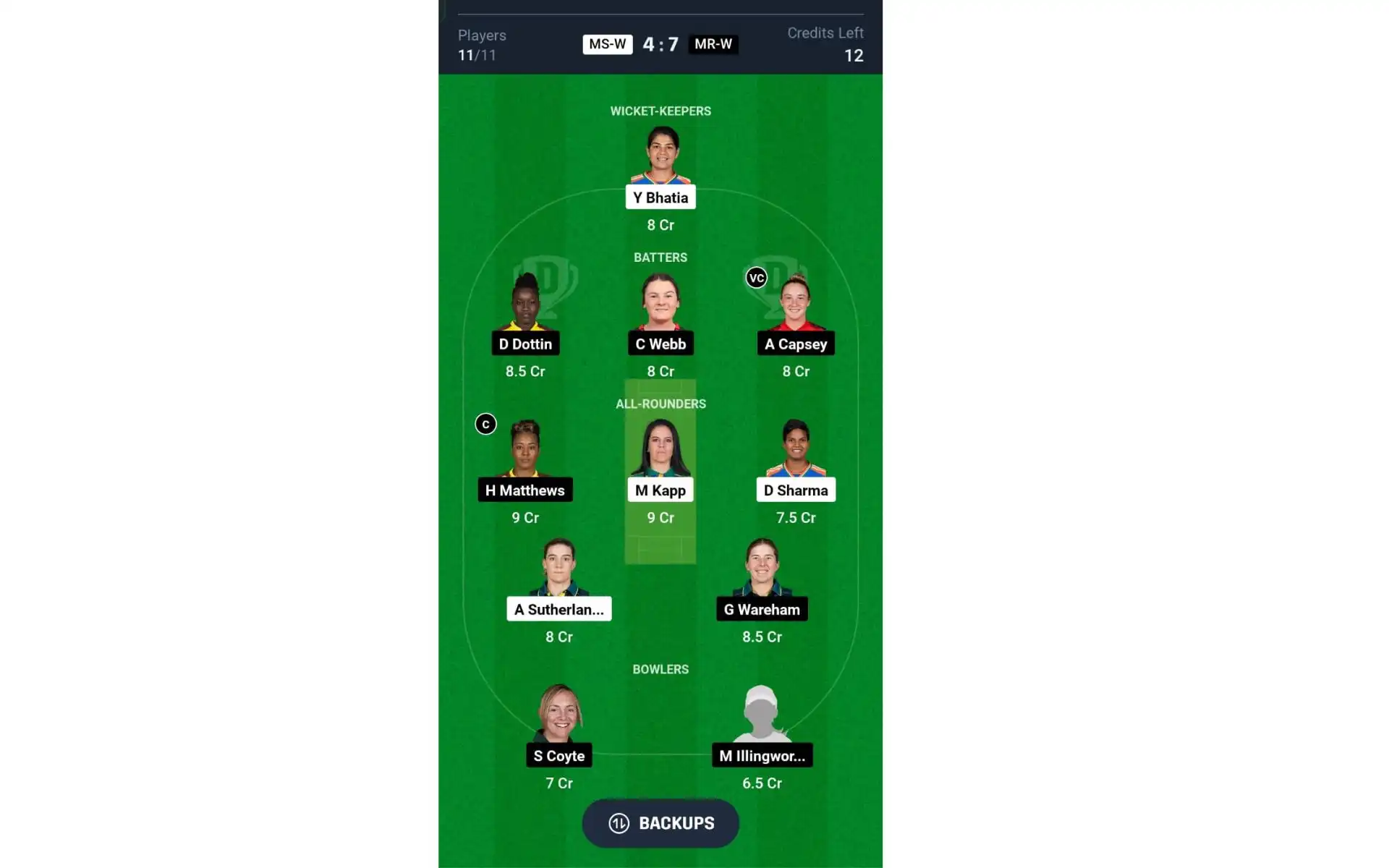 MR-W vs MS-W, WBBL 2024: Dream11 Team 2 [Source: @Dream11 App]