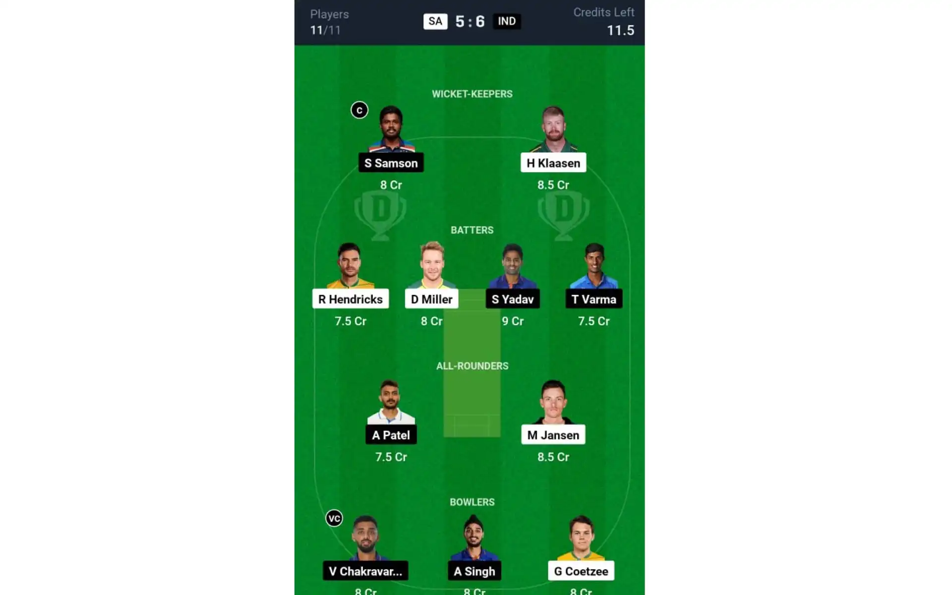 SA vs IND, 4th T20I: Dream11 Team 2 [Source: @Dream11 App]