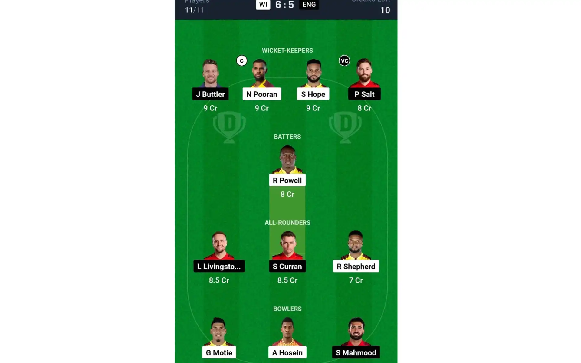 WI vs ENG, 4th T20I: Dream11 Team 1 [Source: @Dream11 App]