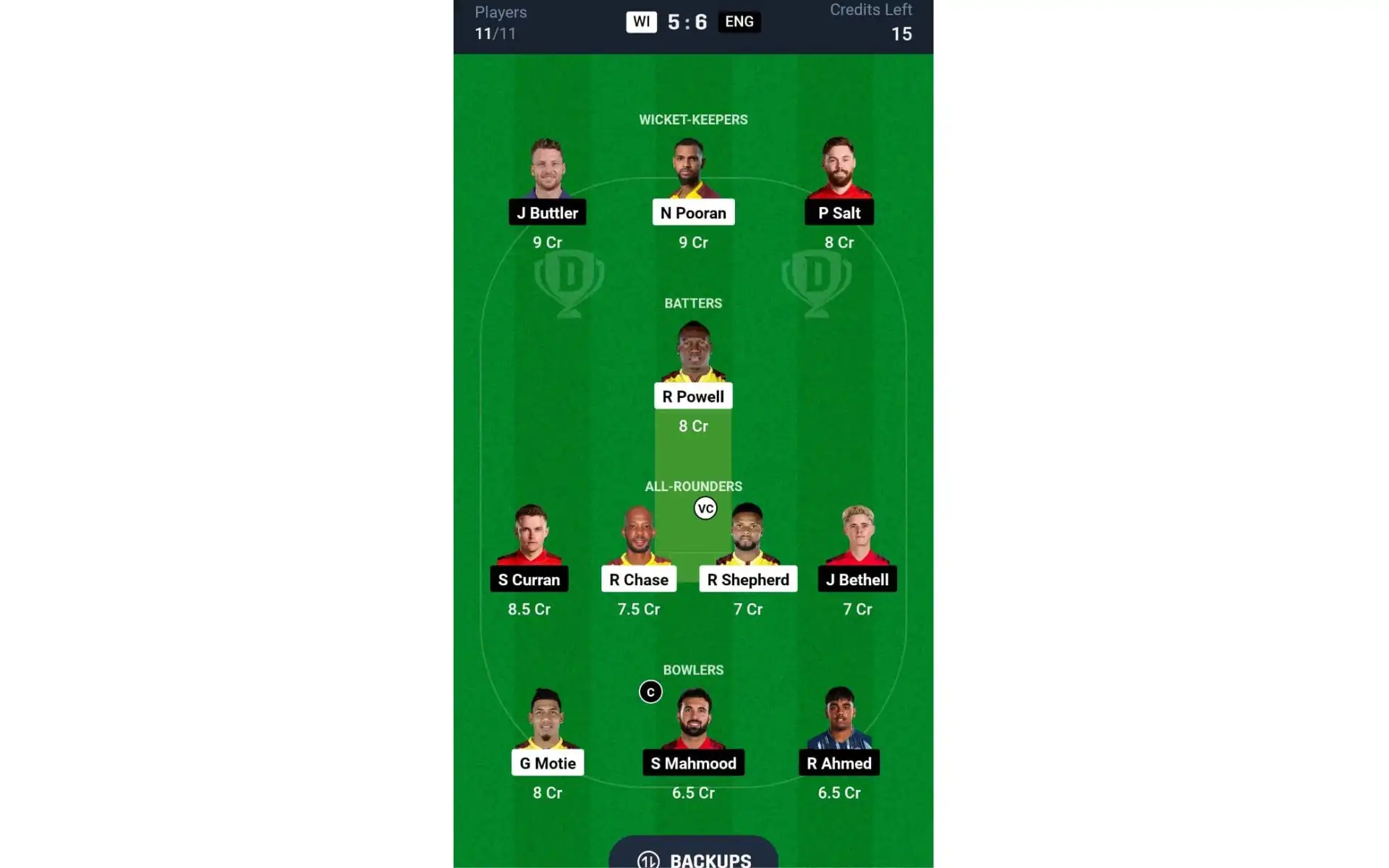 WI vs ENG, 4th T20I: Dream11 Team 2 [Source: @Dream11 App]