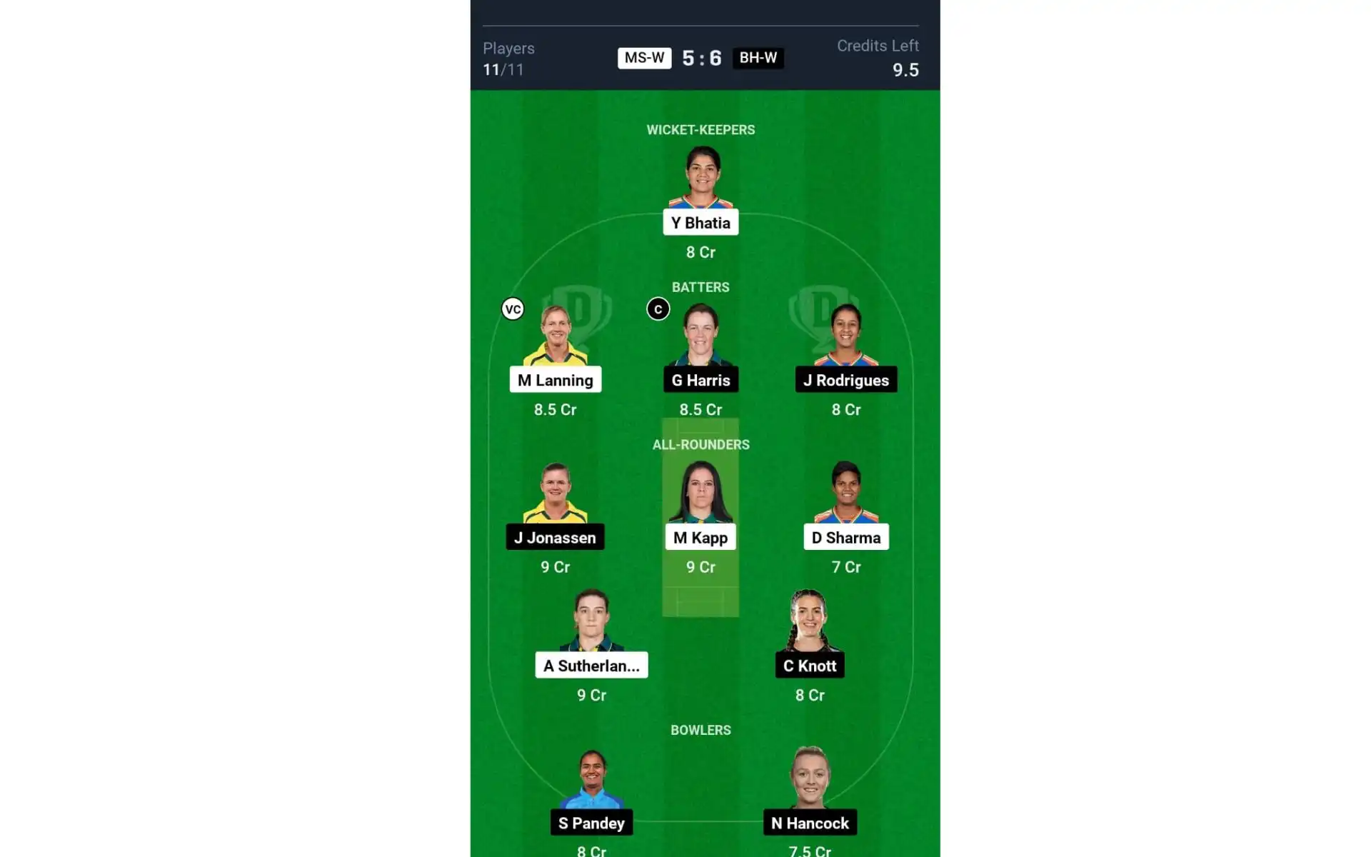 MS-W vs BH-W, WBBL 2024: Dream11 Team 1 [Source: @Dream11 App]