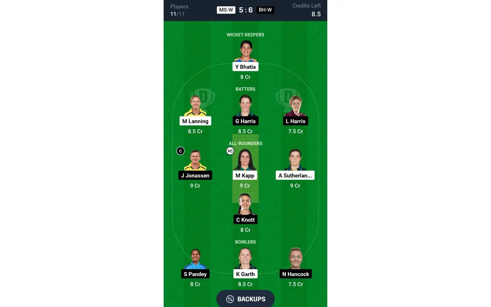 MS-W vs BH-W, WBBL 2024: Dream11 Team 2 [Source: @Dream11 App]