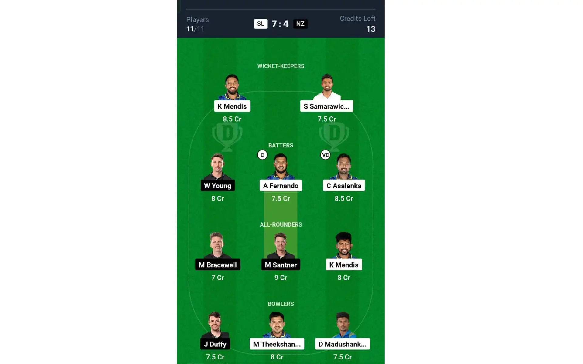 SL vs NZ, ODI Series: Dream11 Team 1 [Source: @Dream11 App]