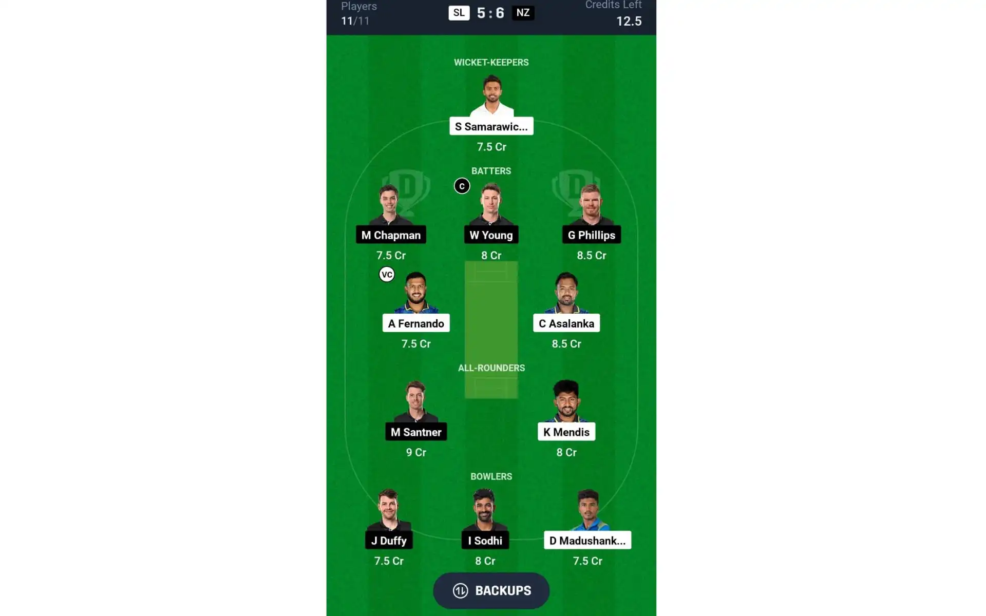 SL vs NZ, ODI Series: Dream11 Team 2 [Source: @Dream11 App]
