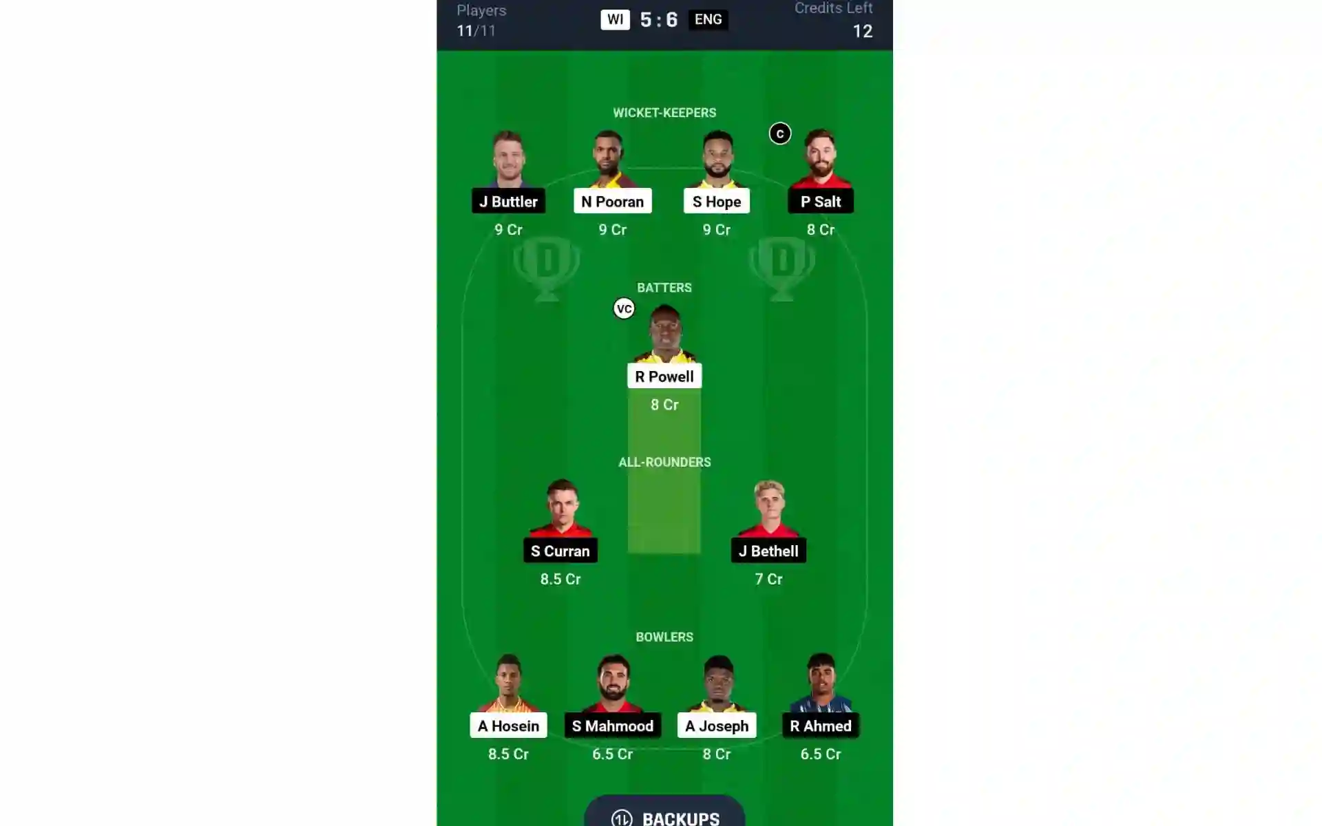 WI vs ENG, 5th T20I: Dream11 Team 1 [Source: @Dream11 App]