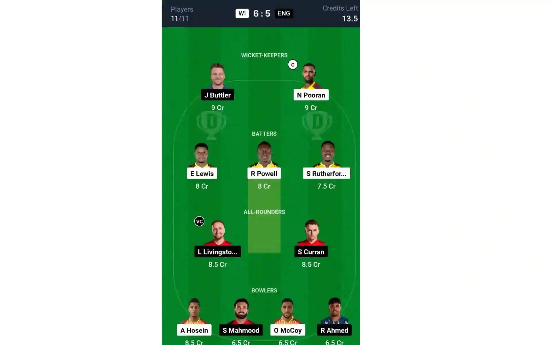 WI vs ENG, 5th T20I: Dream11 Team 2 [Source: @Dream11 App]