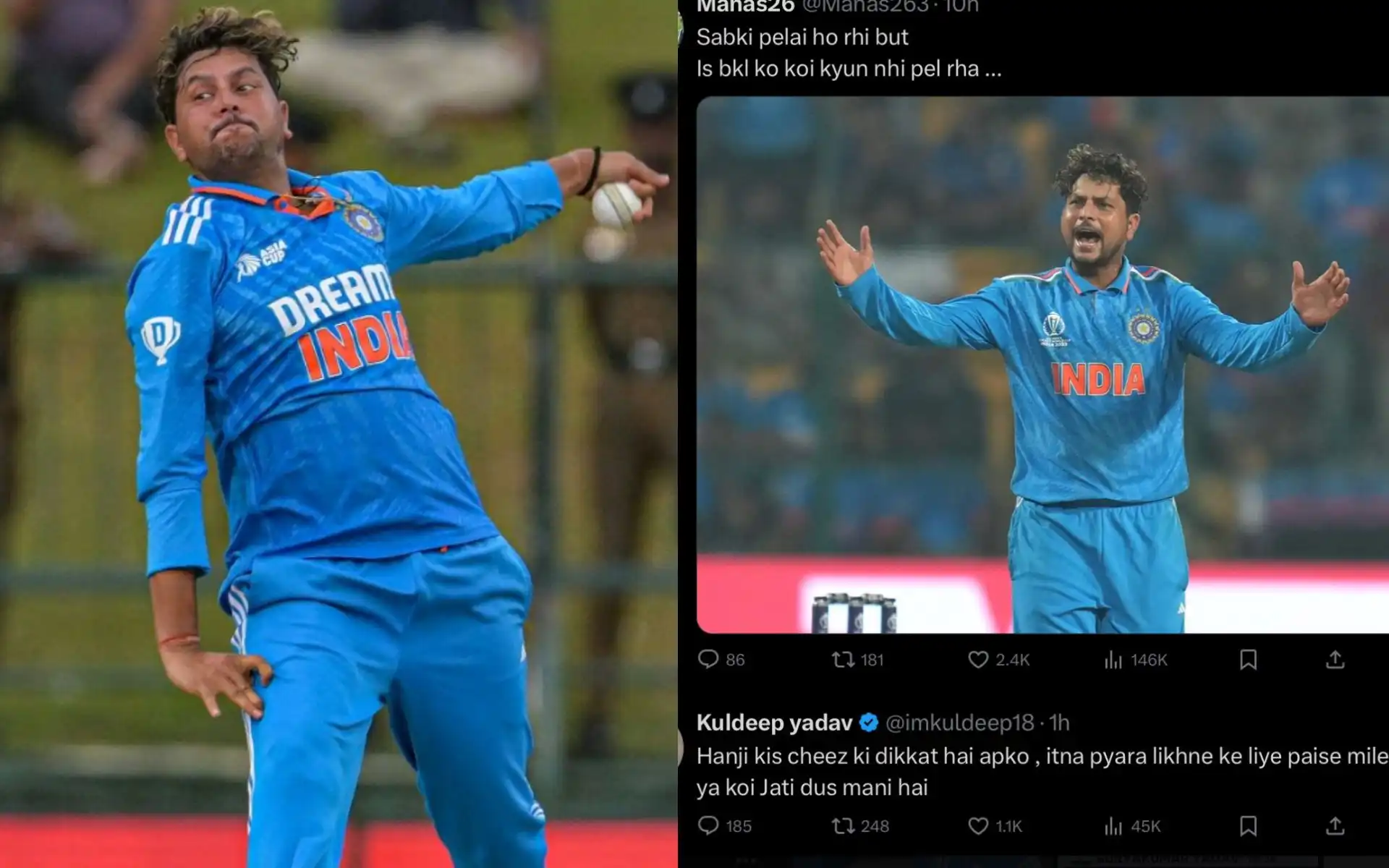 Kuldeep Yadav engages with troll on X [Source: @ICC, @gharkekalesh/X.com]
