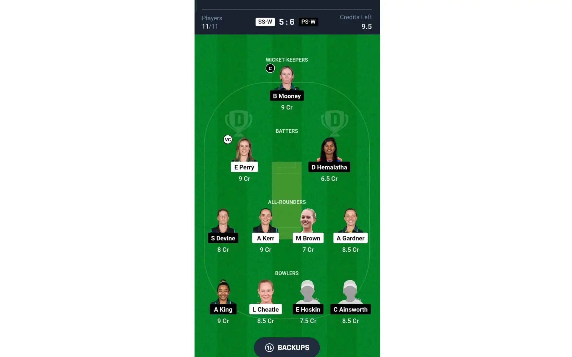 SS-W vs PS-W, WBBL 2024: Dream11 Team 1 [Source: @Dream11 App]