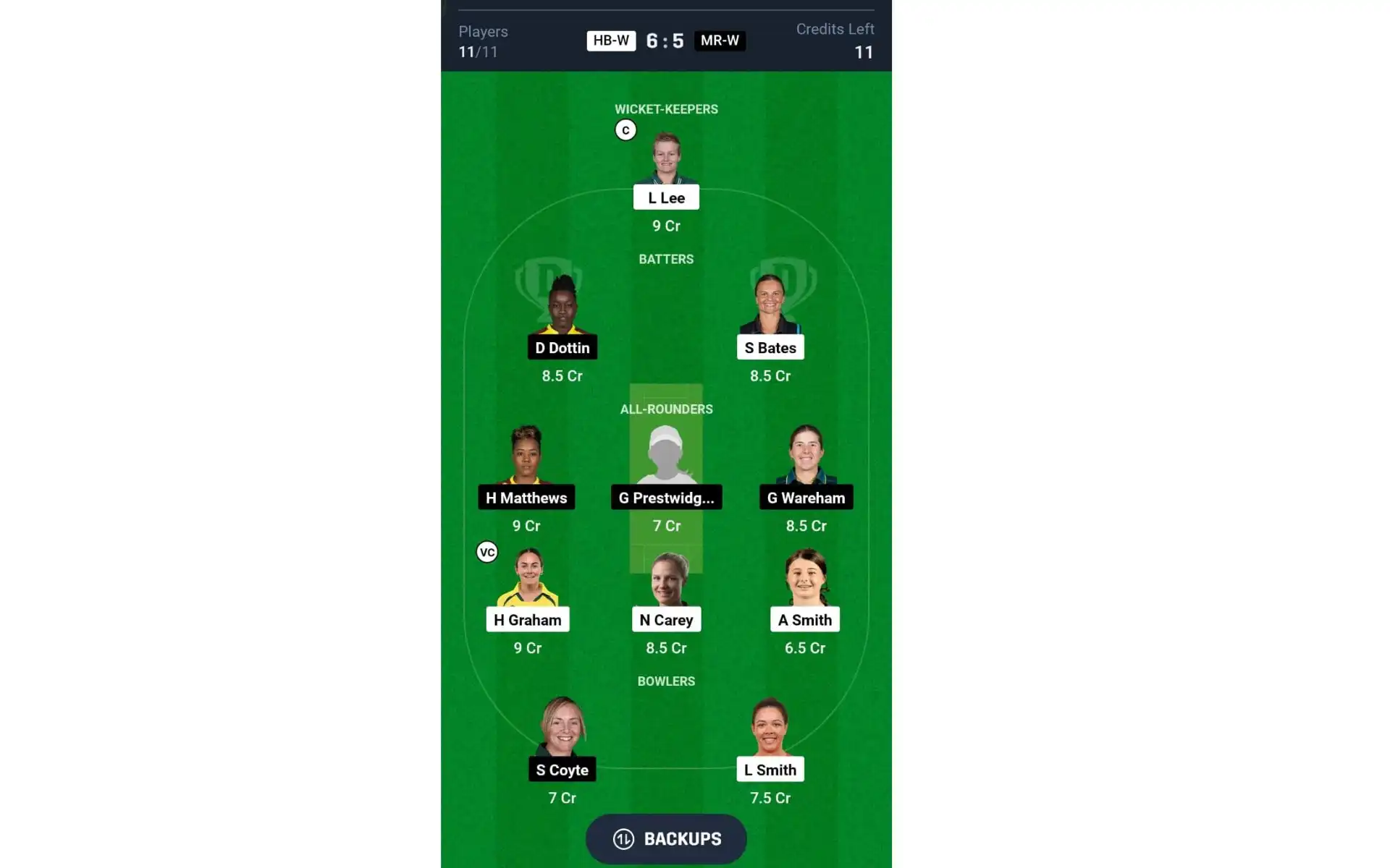 HB-W vs MR-W, WBBL 2024: Dream11 Team 1 [Source: @Dream11 App]