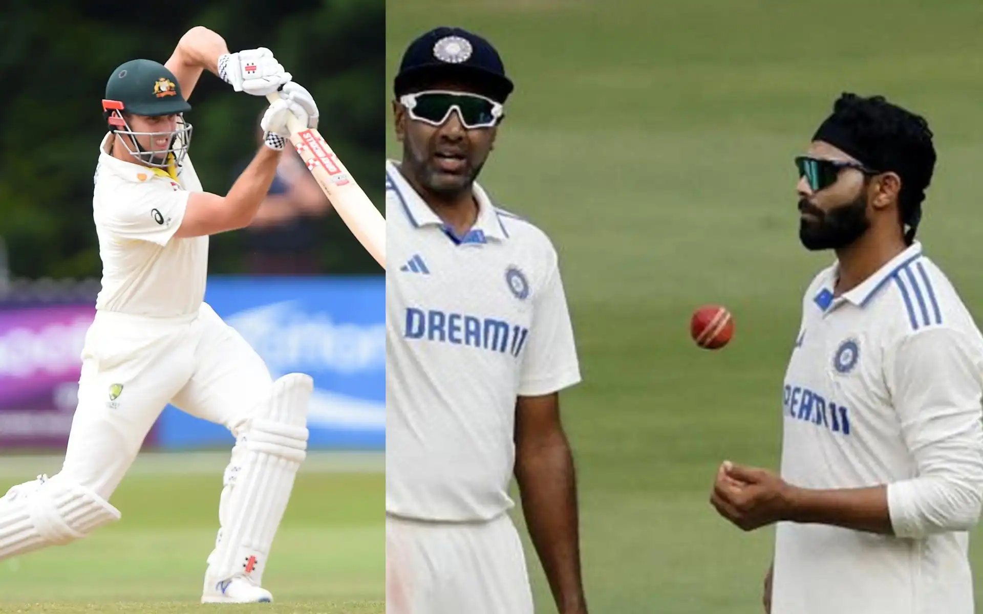 Mitchell Marsh, Ravichandran Ashwin and Ravindra Jadeja [Source: @vipinverse, @toisports/x.com]
