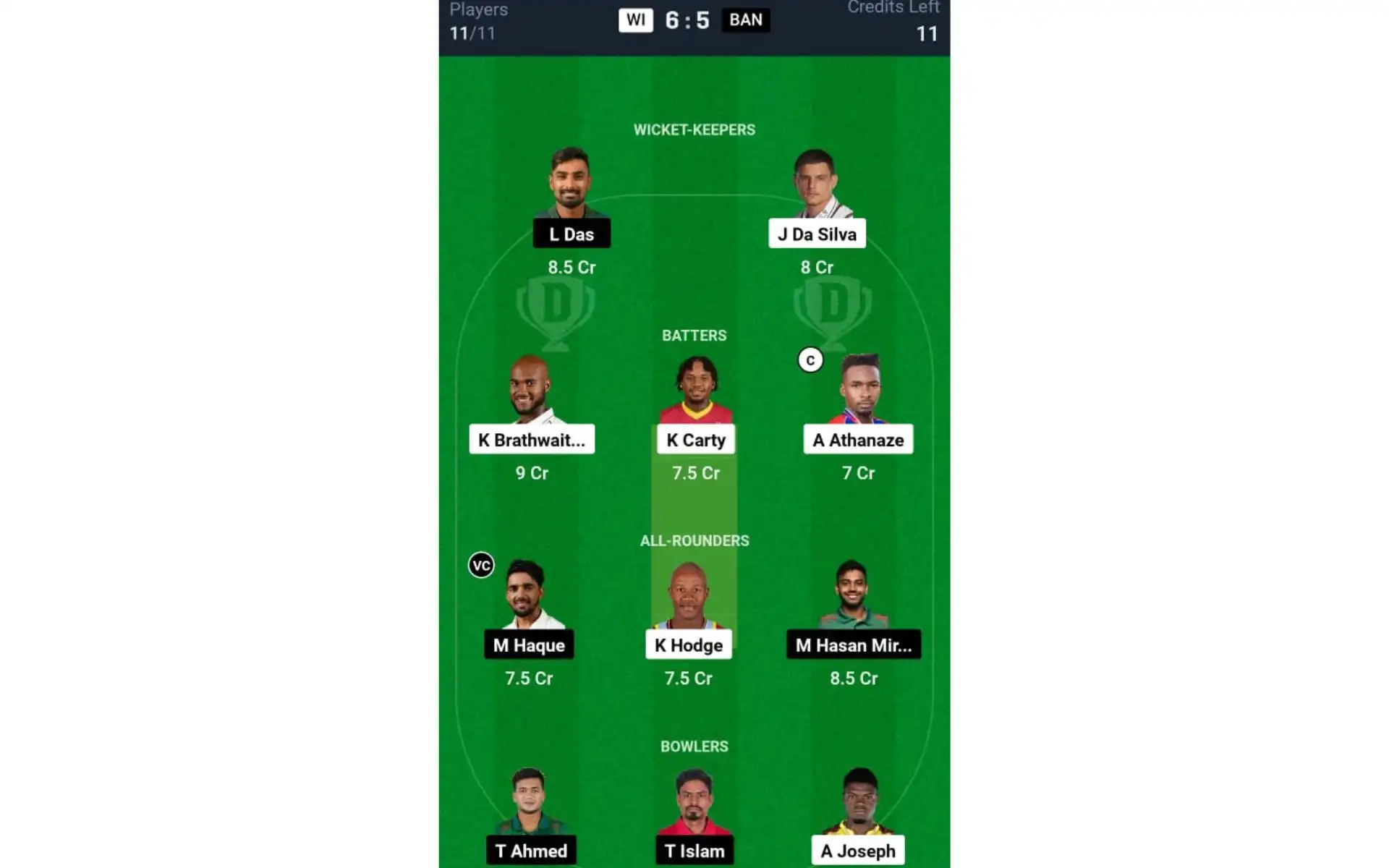 WI vs BAN, 1st Test: Dream11 Team 1 [Source: @Dream11 App]