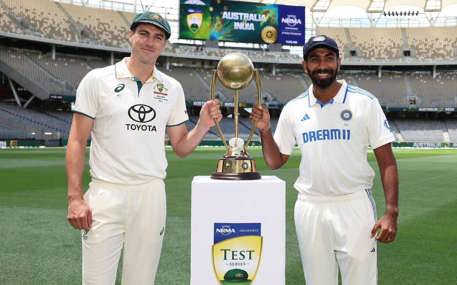 Pat Cummins and Jasprit Bumrah with the Border-Gavaskar Trophy [Source: @cricketcomau/x.com]